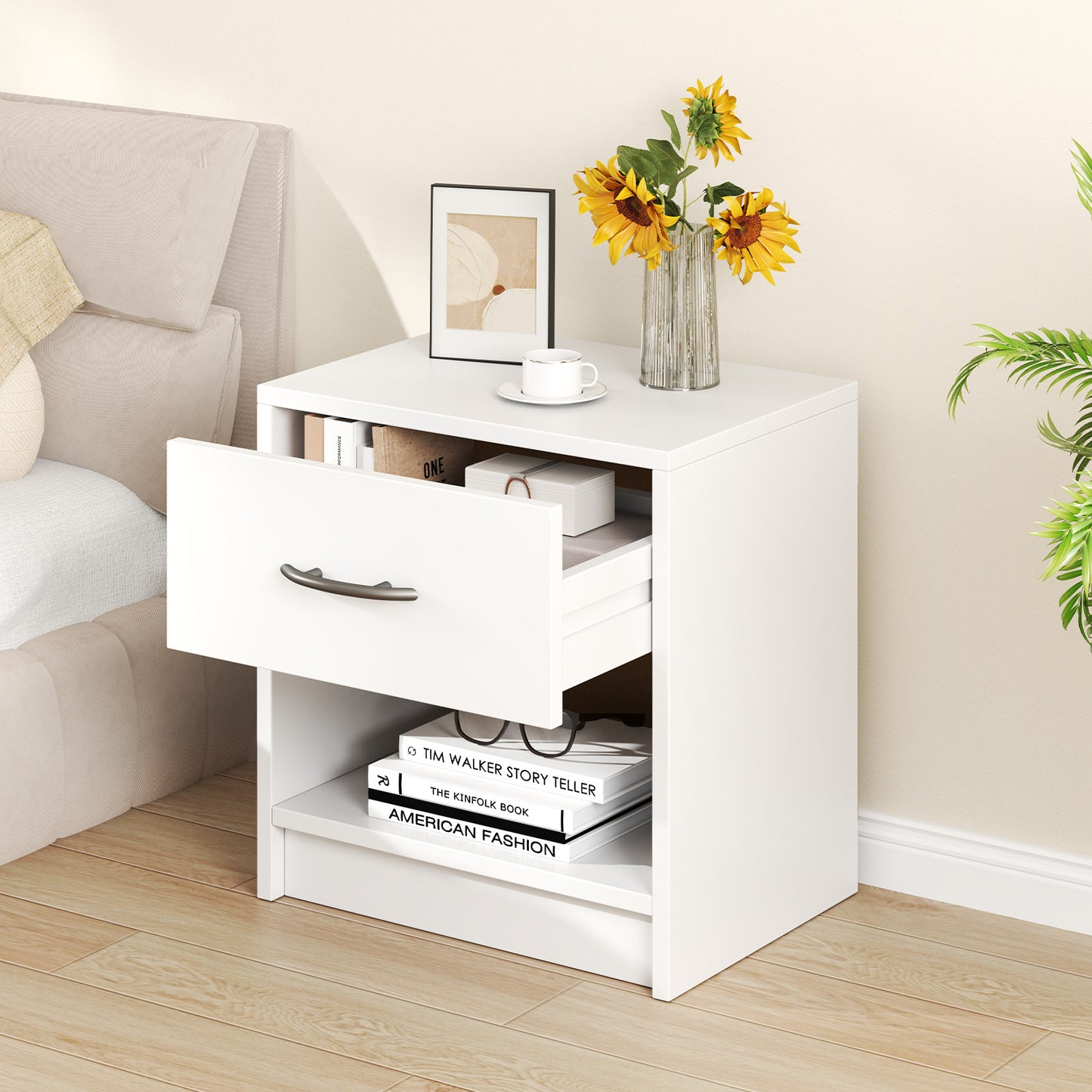Nightstand with Drawer and Open Shelf for Bedroom or Living Room - White