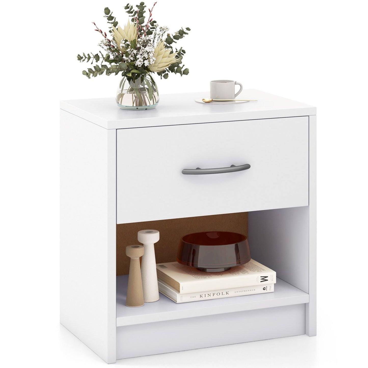 Nightstand with Drawer and Open Shelf for Bedroom or Living Room - White