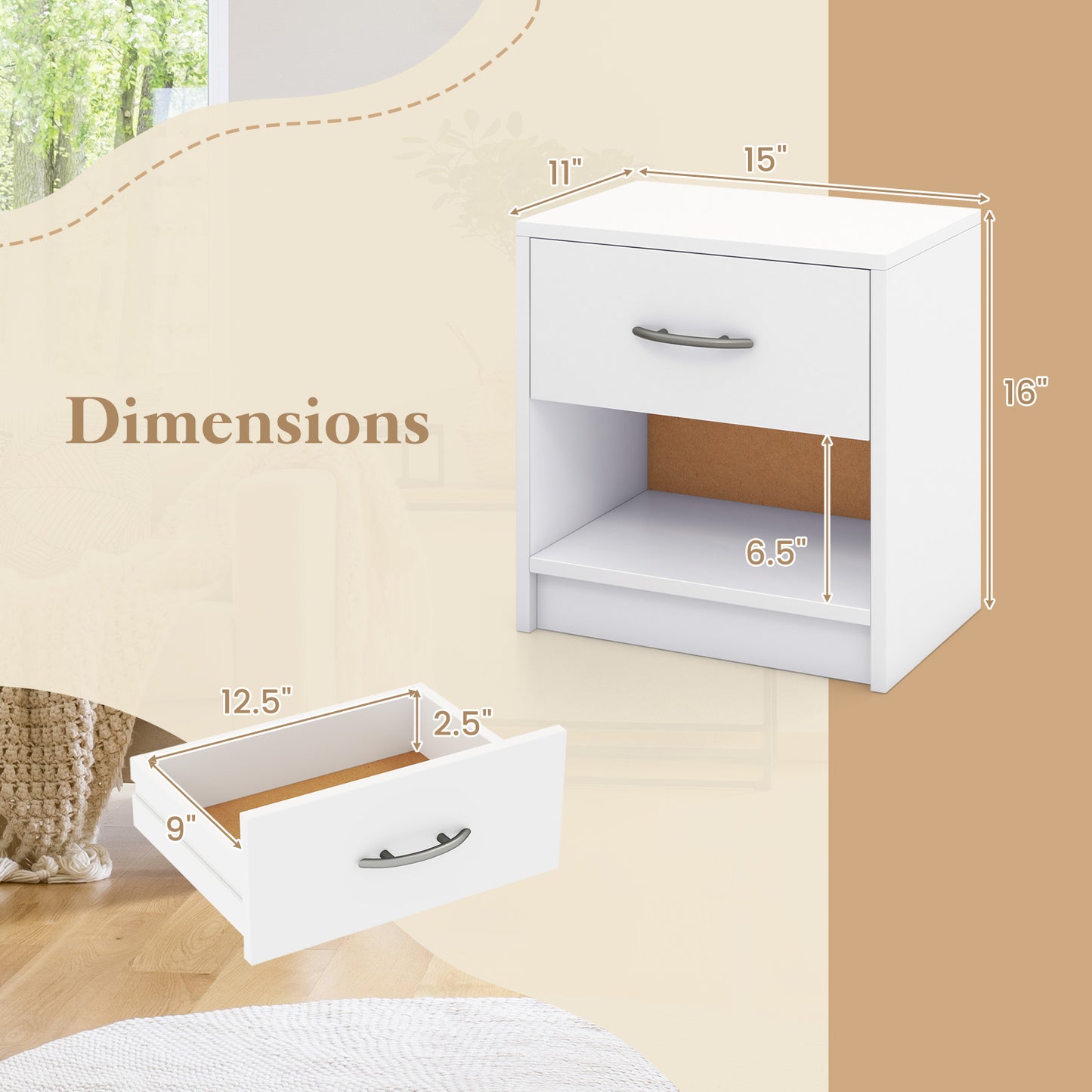 Nightstand with Drawer and Open Shelf for Bedroom or Living Room - White