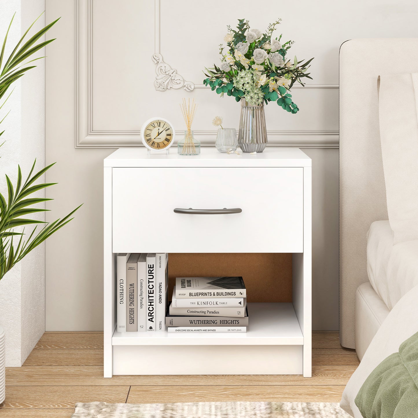 Nightstand with Drawer and Open Shelf for Bedroom or Living Room - White