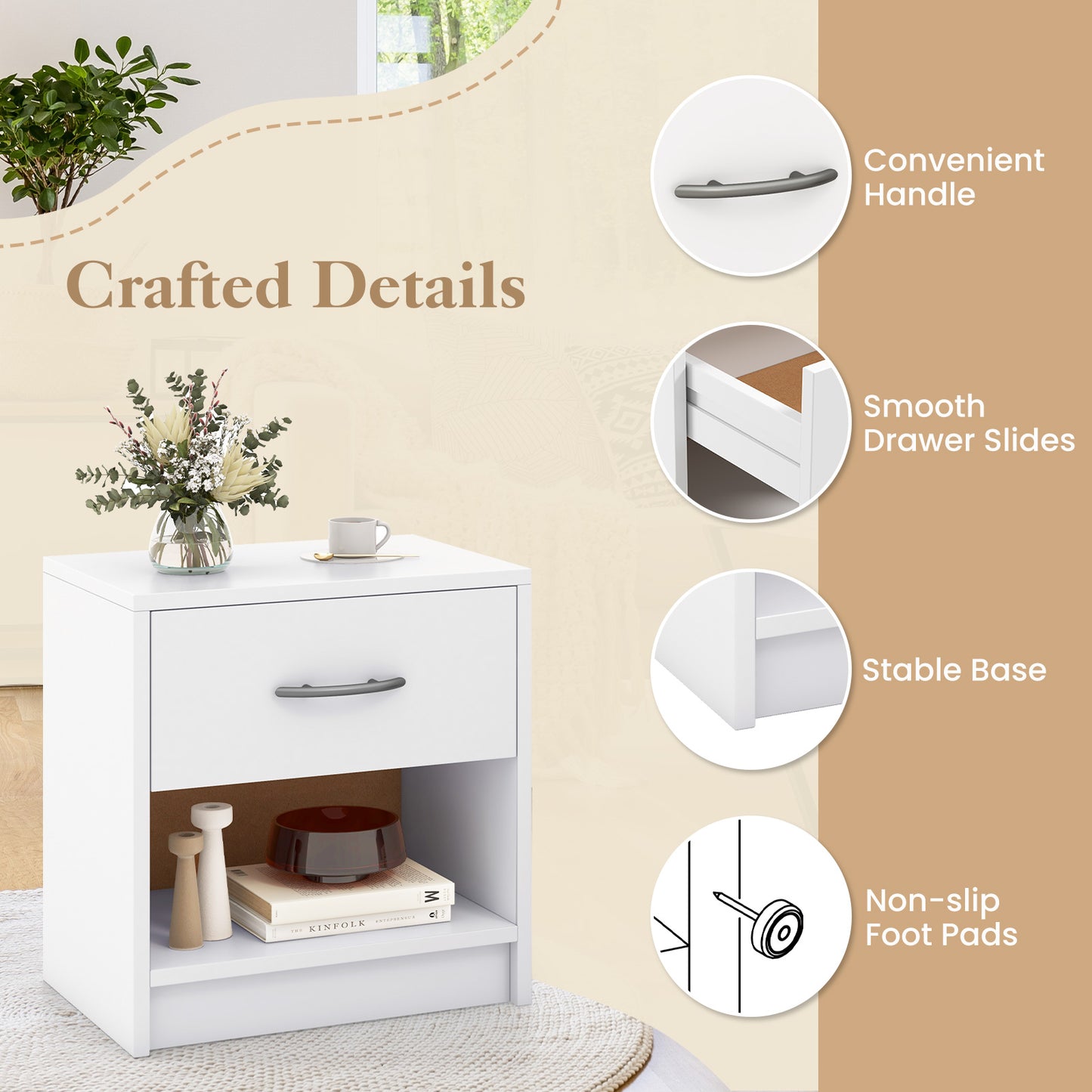 Nightstand with Drawer and Open Shelf for Bedroom or Living Room - White
