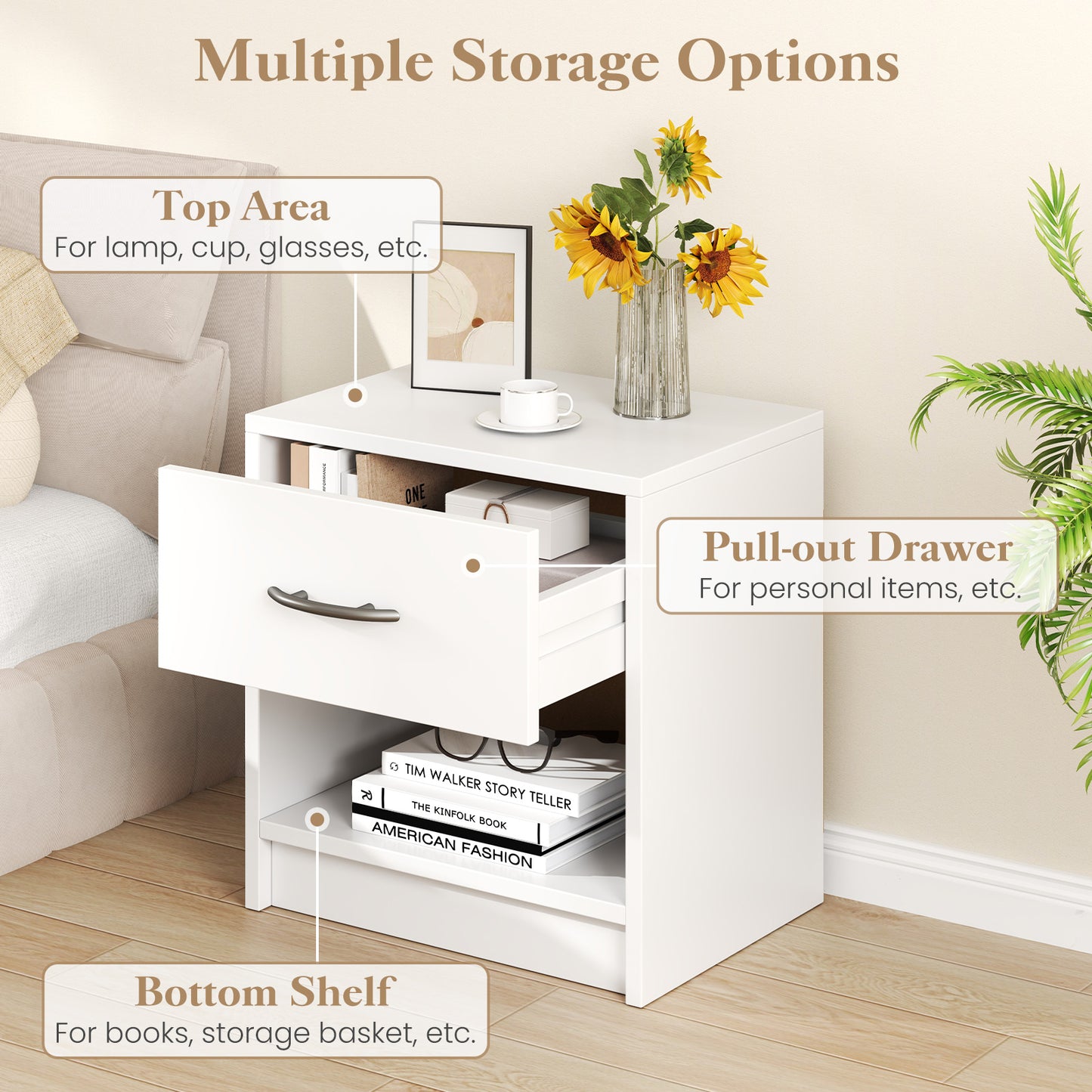 Nightstand with Drawer and Open Shelf for Bedroom or Living Room - White