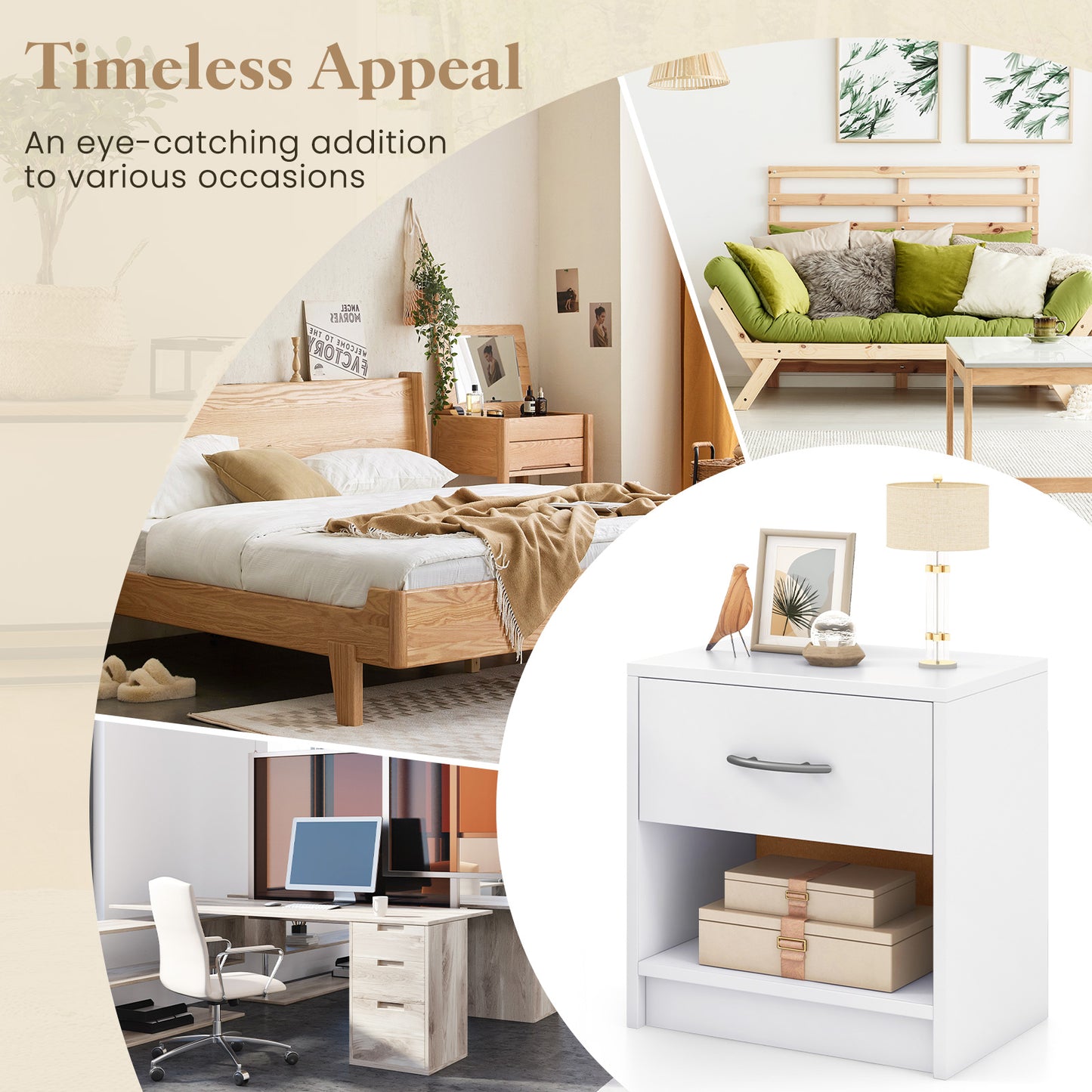 Nightstand with Drawer and Open Shelf for Bedroom or Living Room - White