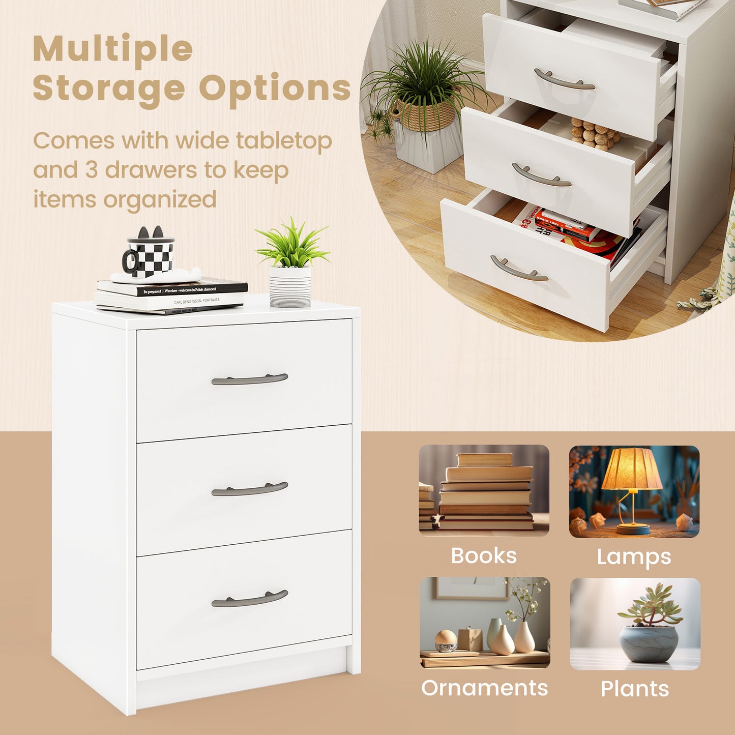 3-Drawer Nightstand with Storage for Bedroom and Living Room