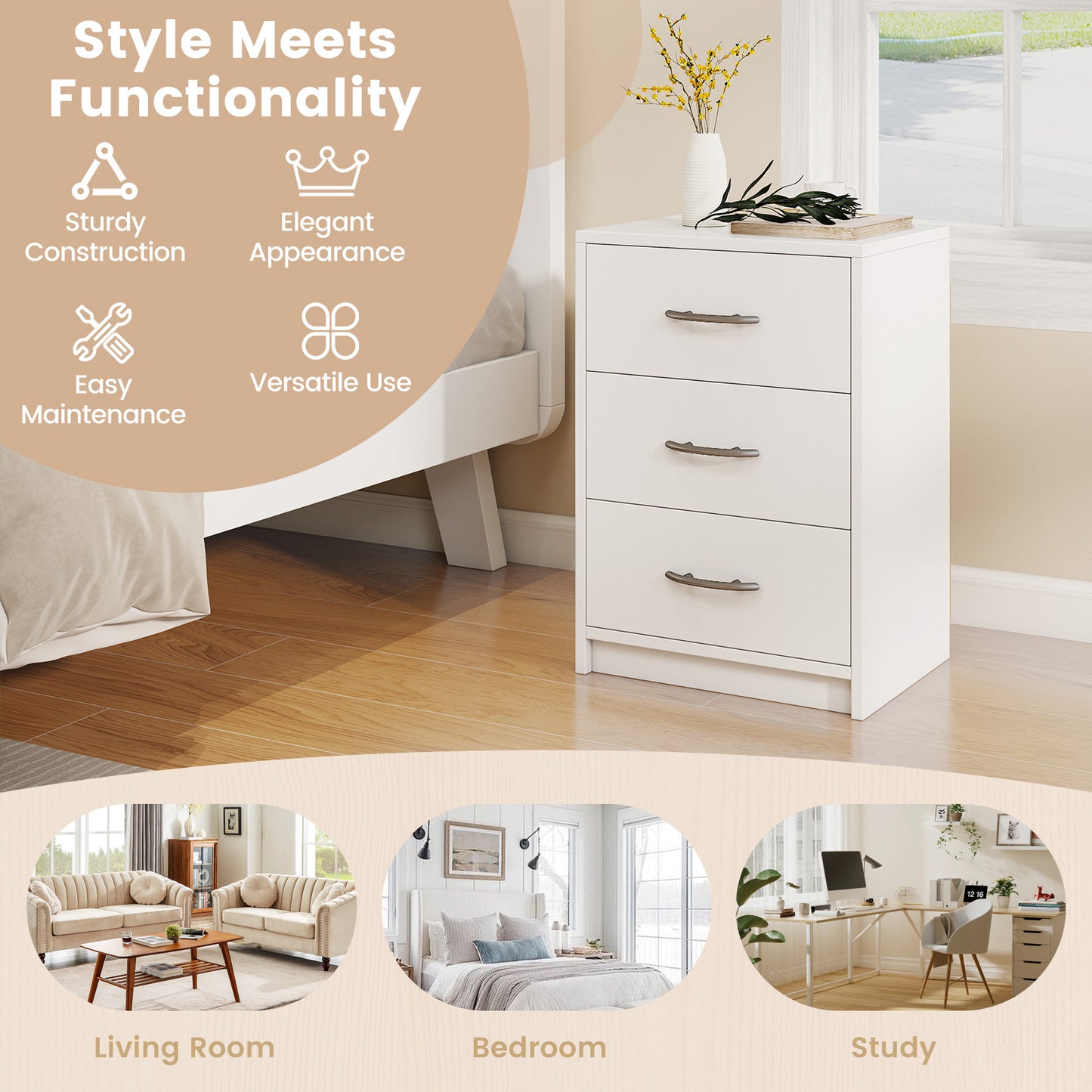 3-Drawer Nightstand with Storage for Bedroom and Living Room