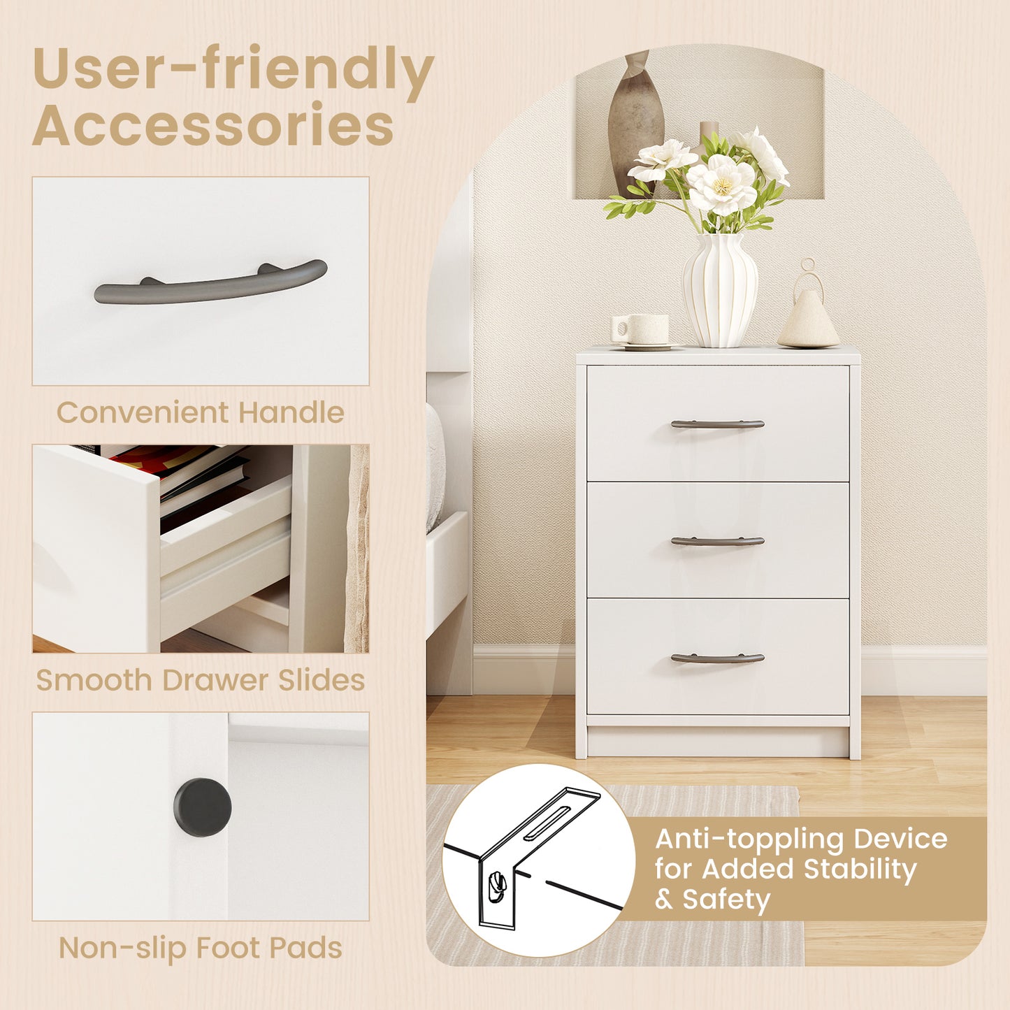 3-Drawer Nightstand with Storage for Bedroom and Living Room