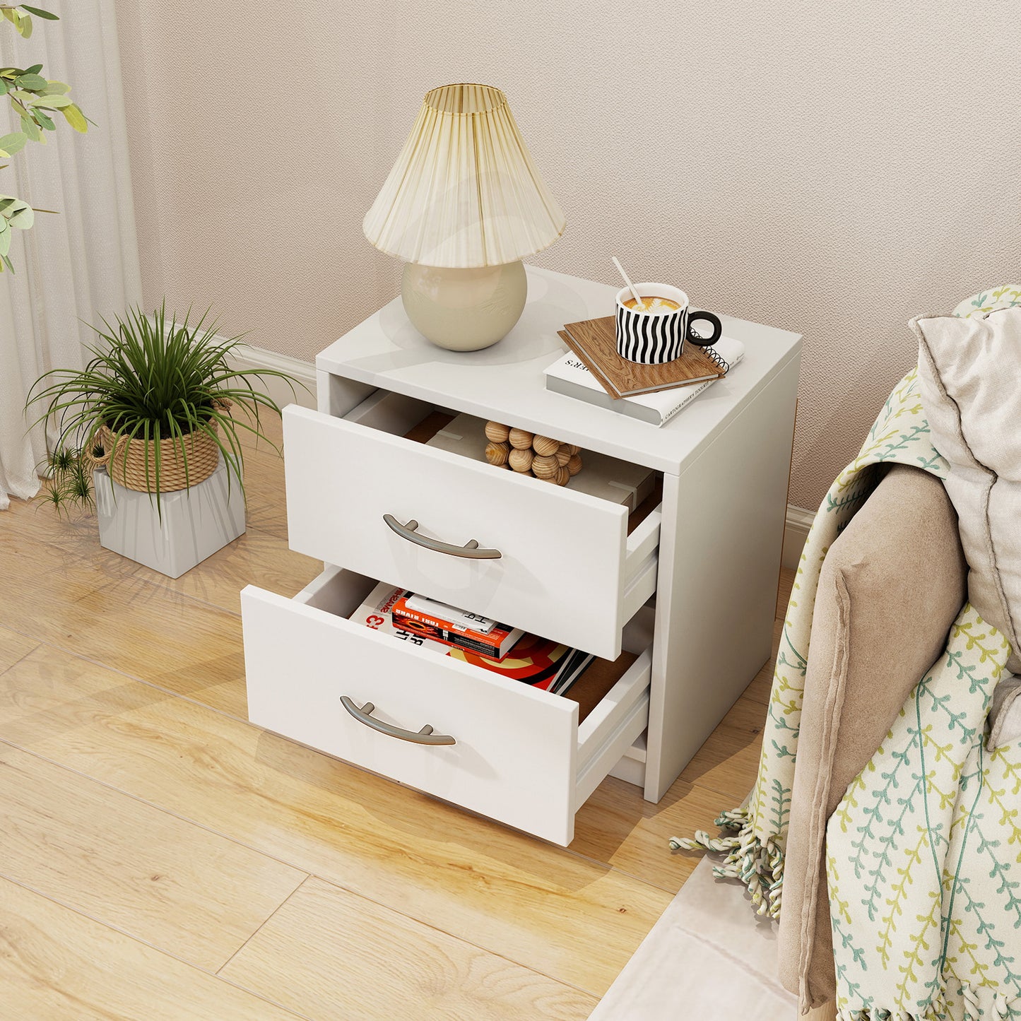 2-Drawer Nightstand with Storage for Bedroom and Living Room - White
