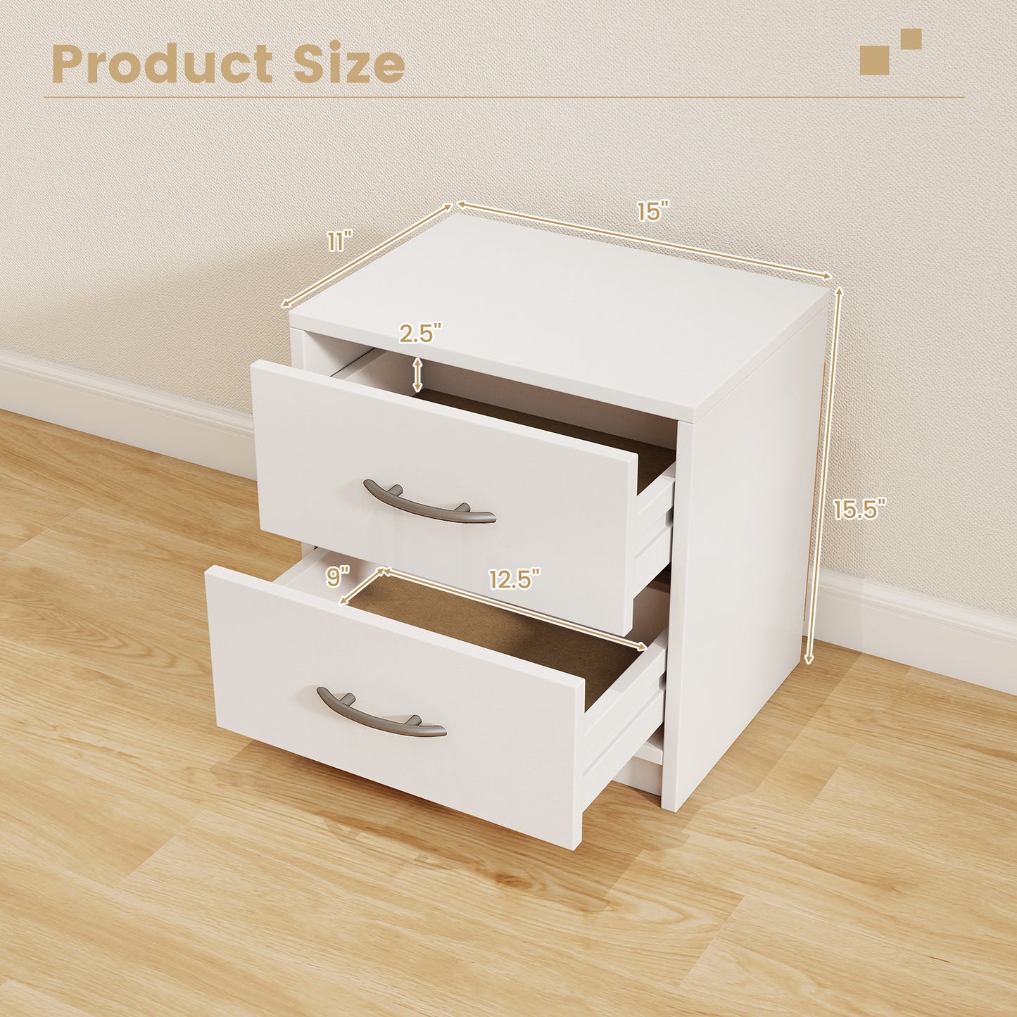 2-Drawer Nightstand with Storage for Bedroom and Living Room - White
