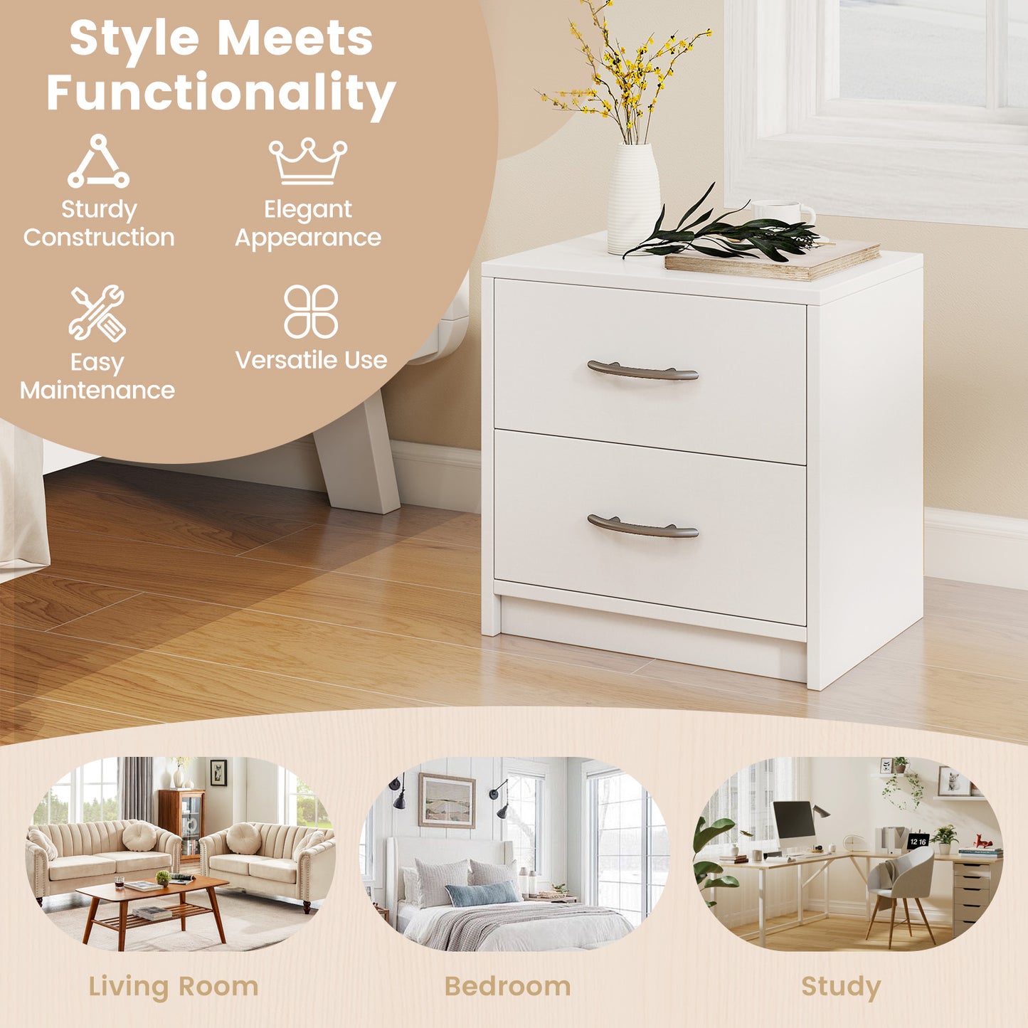 2-Drawer Nightstand with Storage for Bedroom and Living Room - White