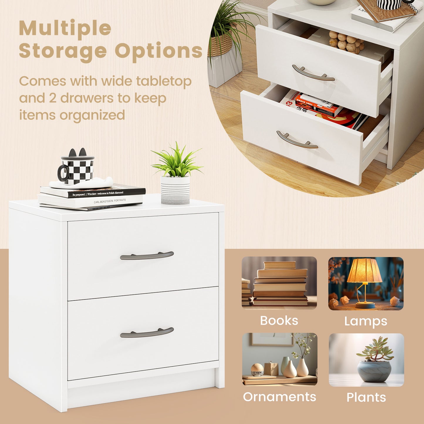 2-Drawer Nightstand with Storage for Bedroom and Living Room - White