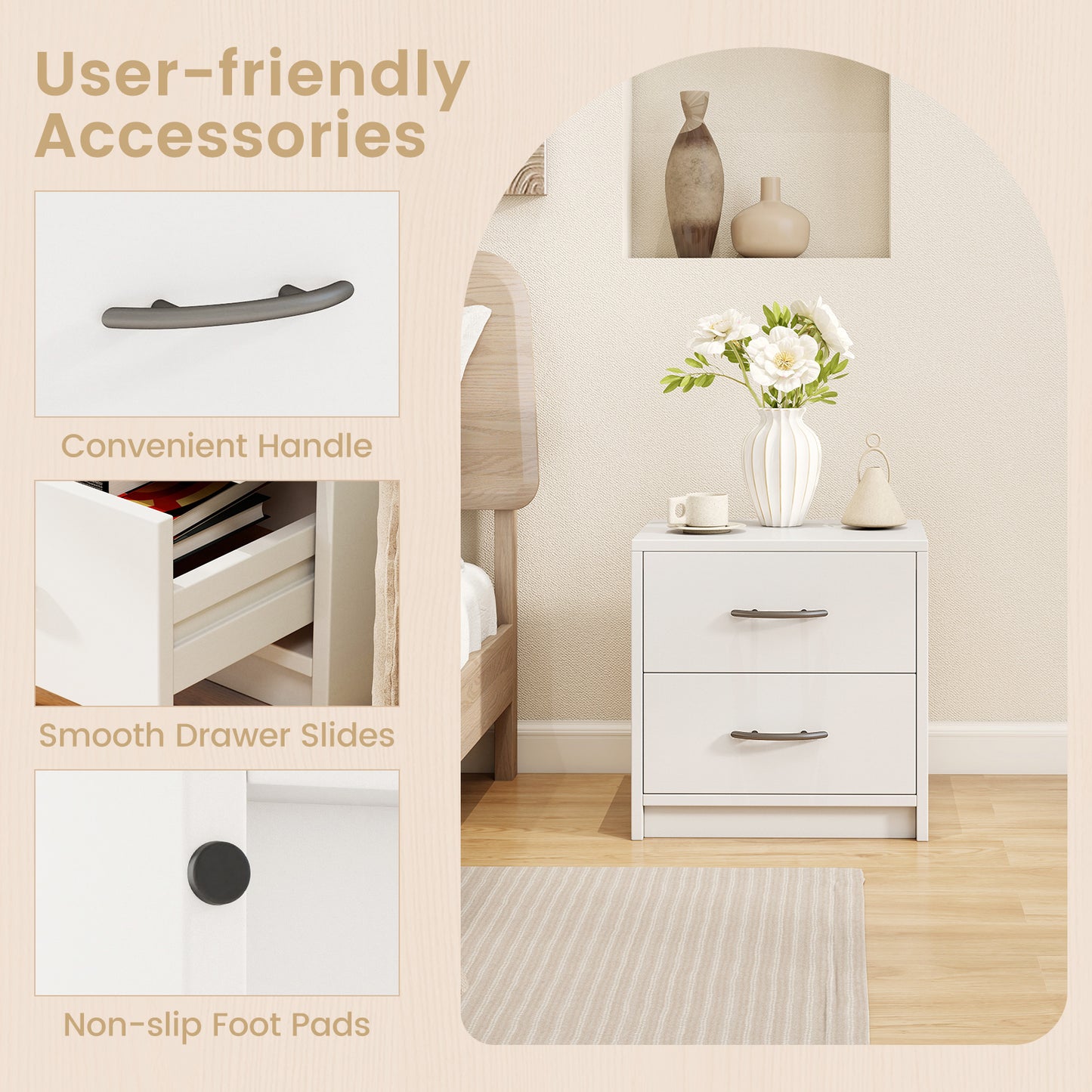 2-Drawer Nightstand with Storage for Bedroom and Living Room - White