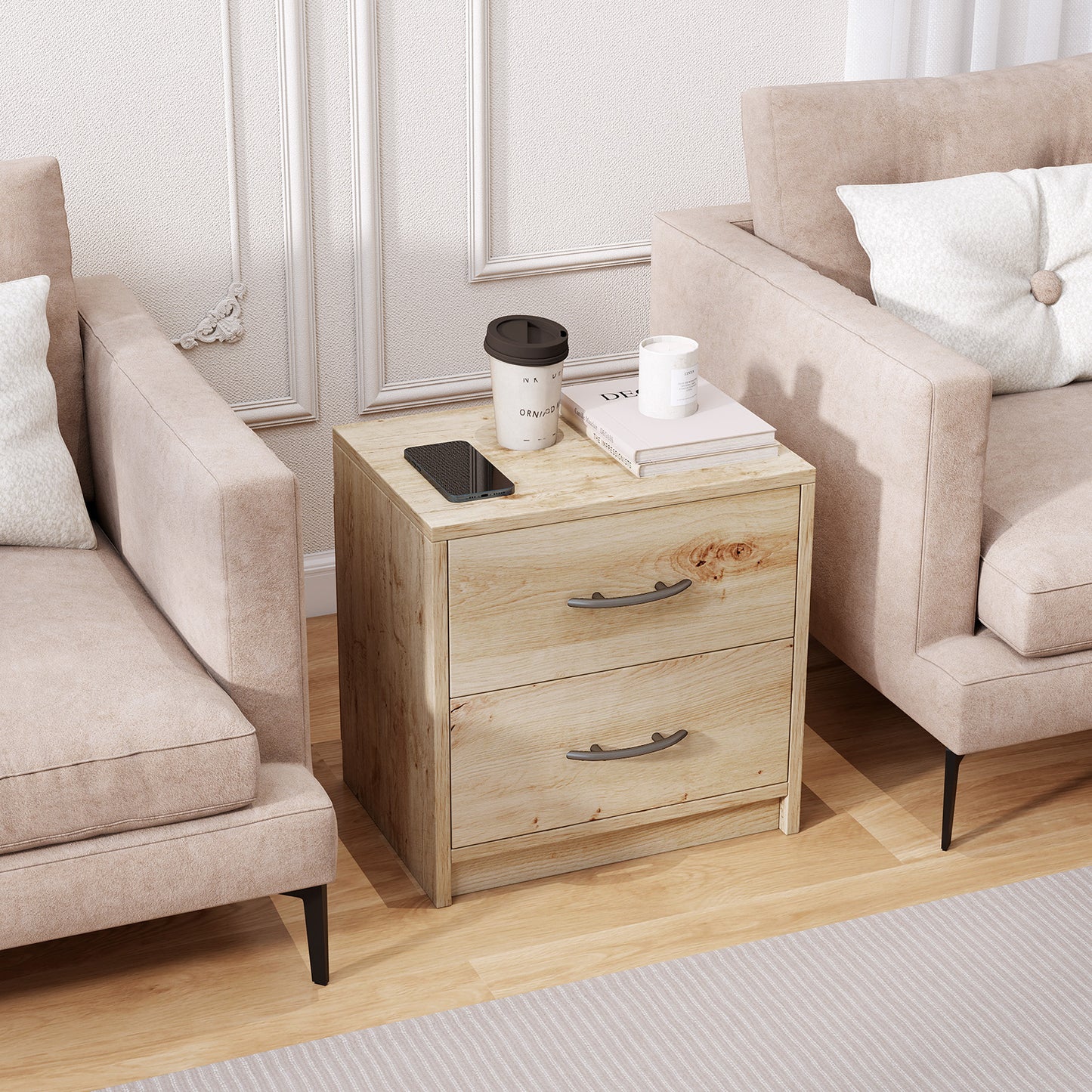 2-Drawer Nightstand with Storage for Bedroom and Living Room - Oak