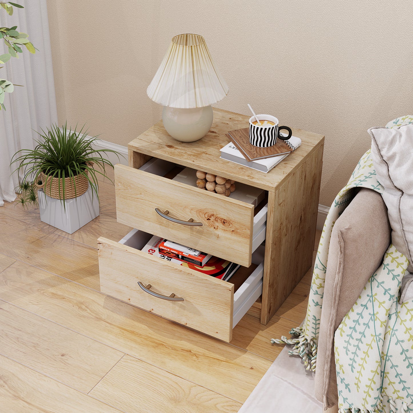 2-Drawer Nightstand with Storage for Bedroom and Living Room - Oak