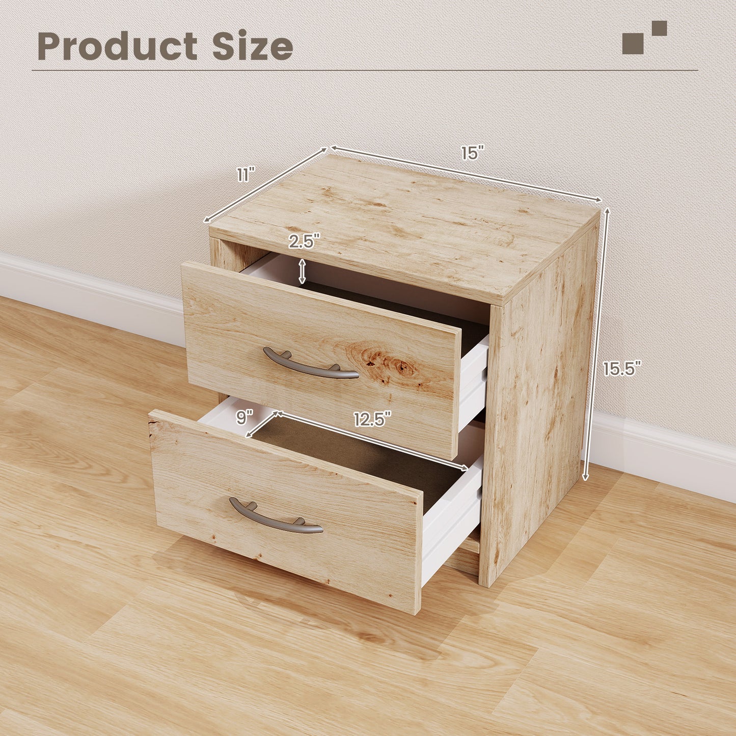 2-Drawer Nightstand with Storage for Bedroom and Living Room - Oak