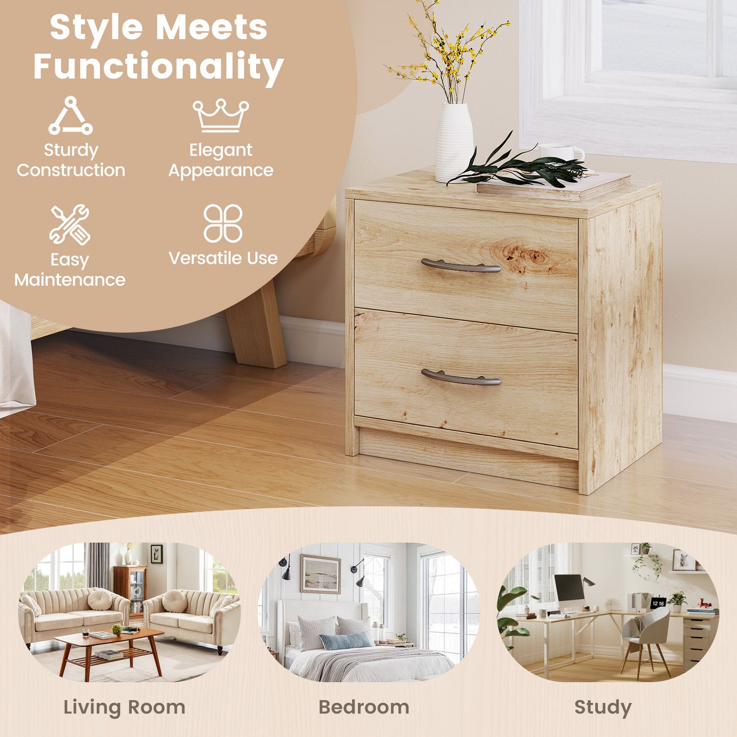 2-Drawer Nightstand with Storage for Bedroom and Living Room - Oak