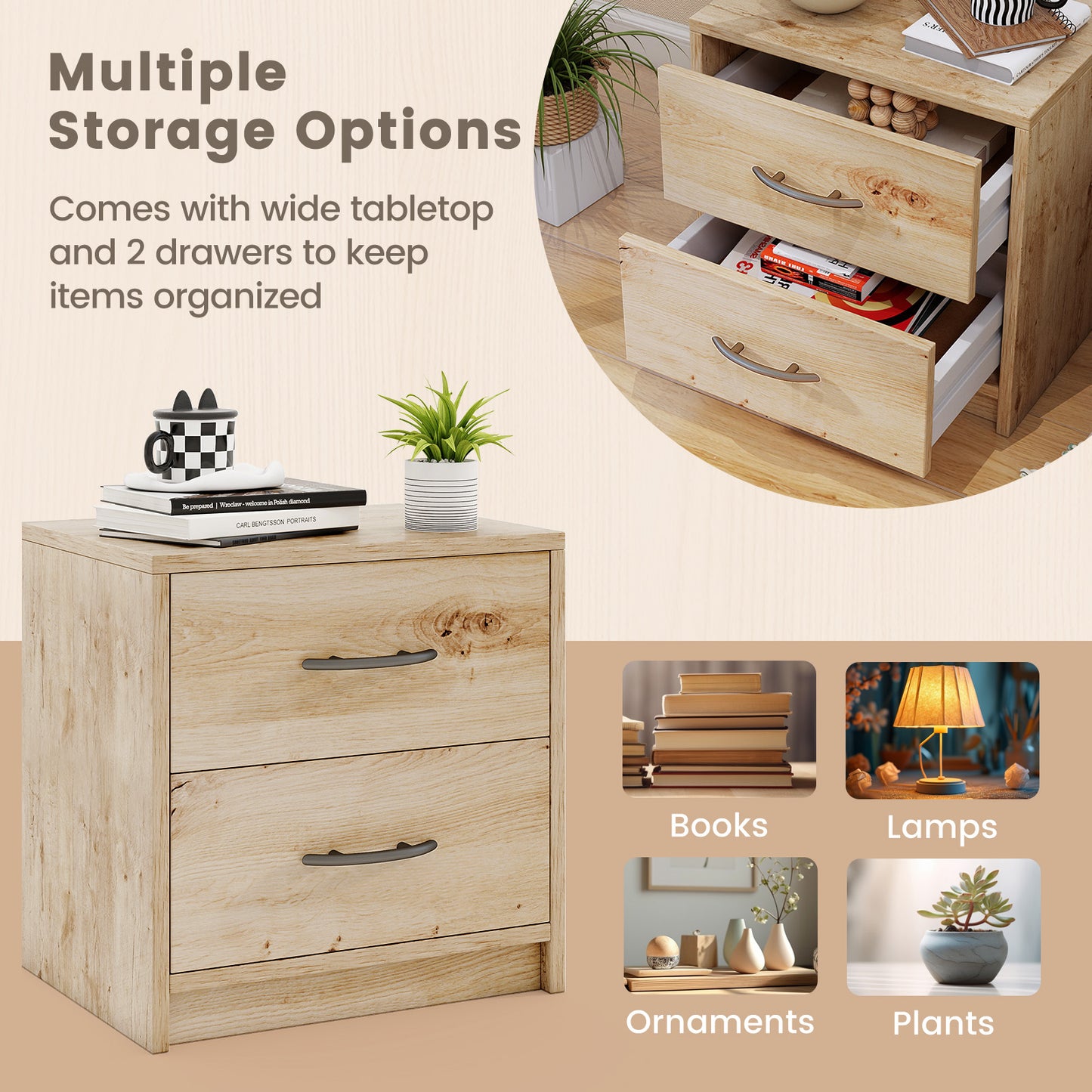 2-Drawer Nightstand with Storage for Bedroom and Living Room - Oak