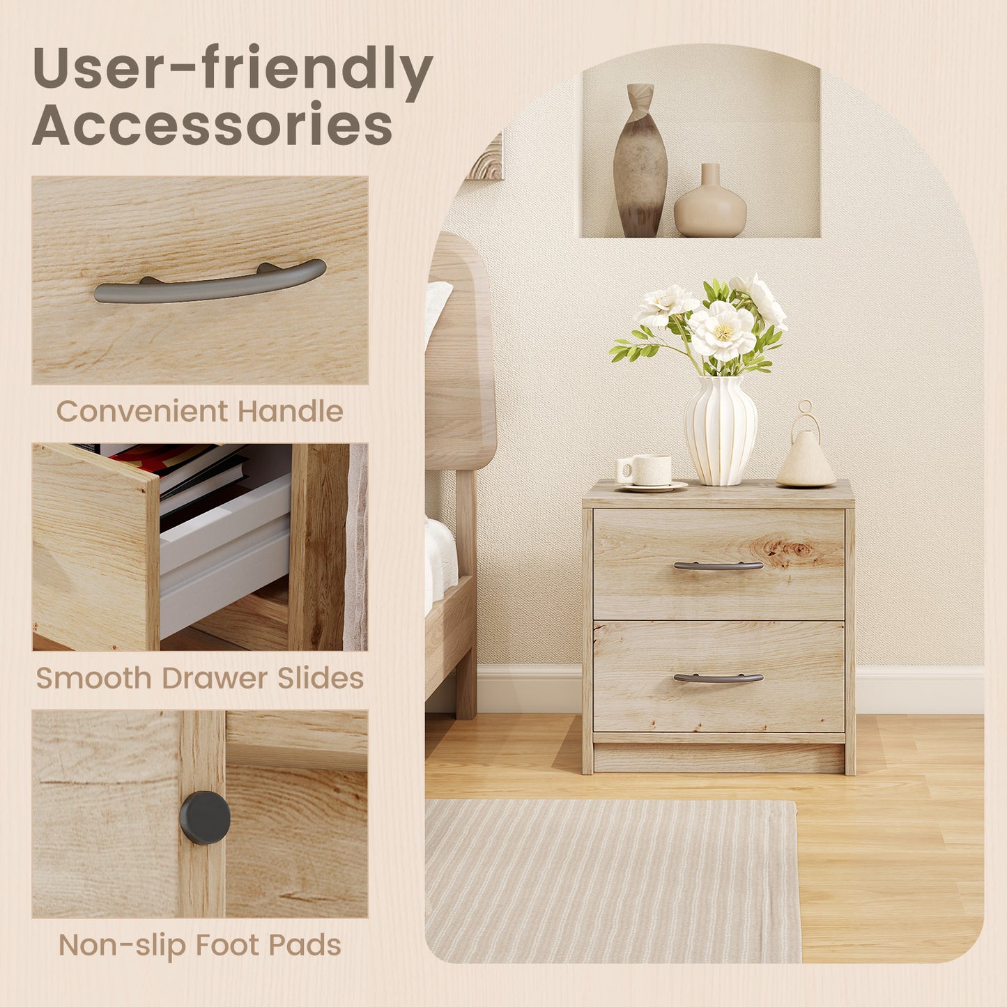 2-Drawer Nightstand with Storage for Bedroom and Living Room - Oak