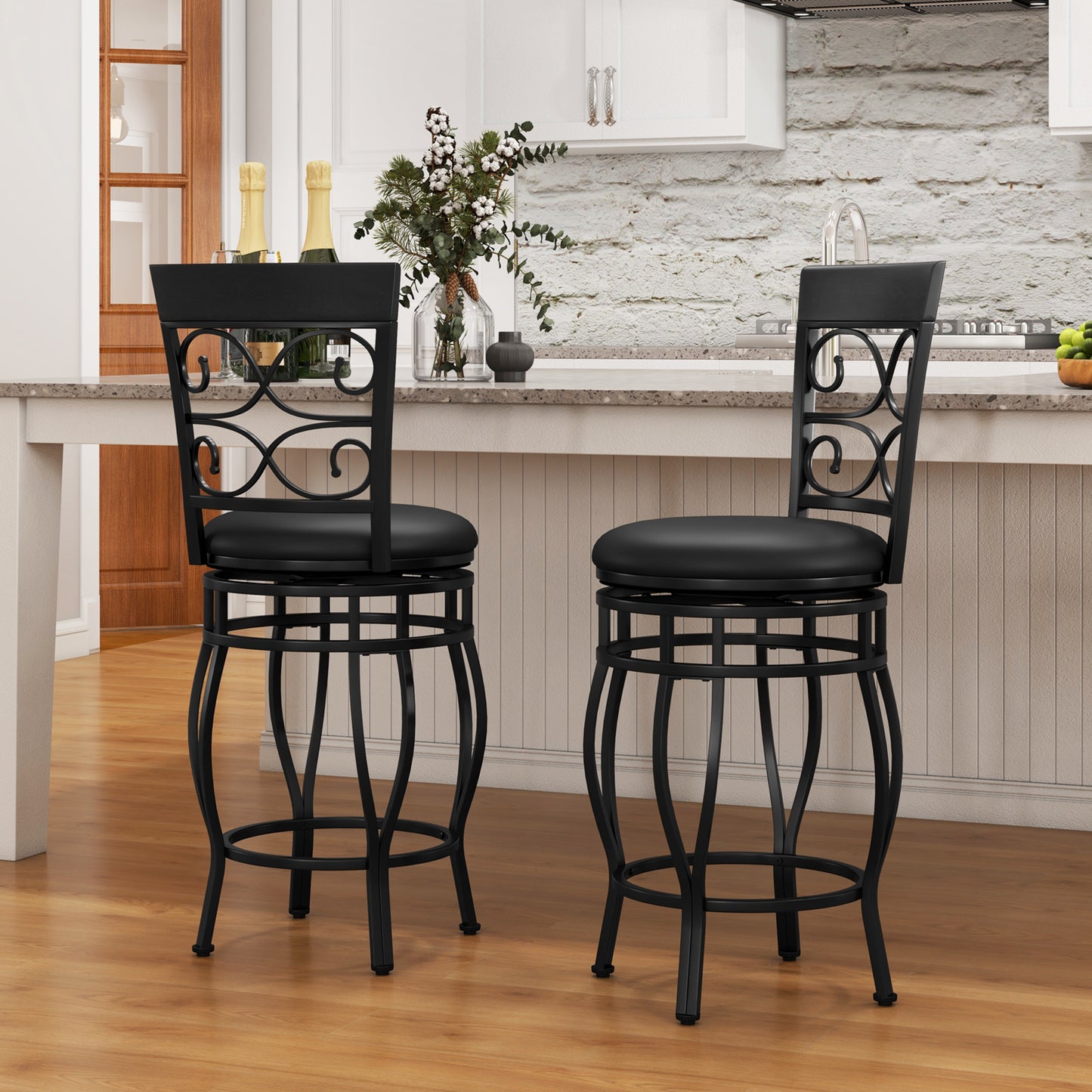 26 Inch Swivel Bar Stools with Backrest and Footrest for Kitchen and Home Bar Set of 2 Black