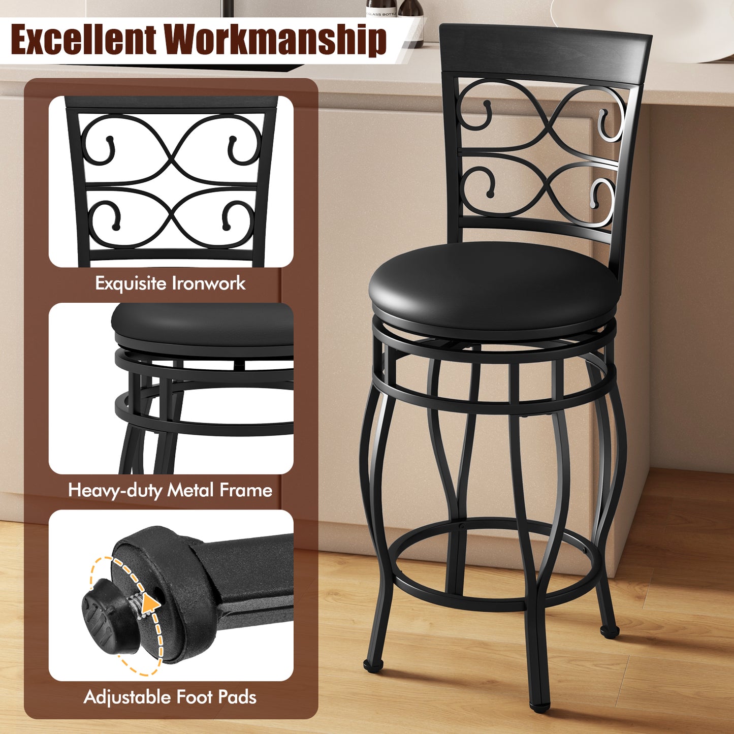 26 Inch Swivel Bar Stools with Backrest and Footrest for Kitchen and Home Bar Set of 2 Black