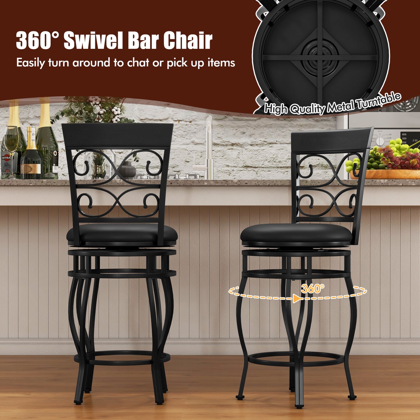 26 Inch Swivel Bar Stools with Backrest and Footrest for Kitchen and Home Bar Set of 2 Black
