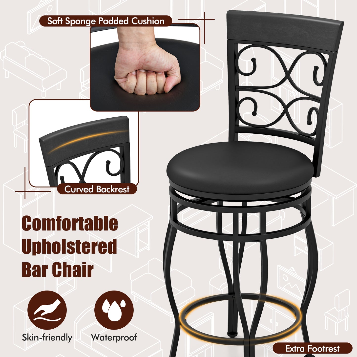 26 Inch Swivel Bar Stools with Backrest and Footrest for Kitchen and Home Bar Set of 2 Black