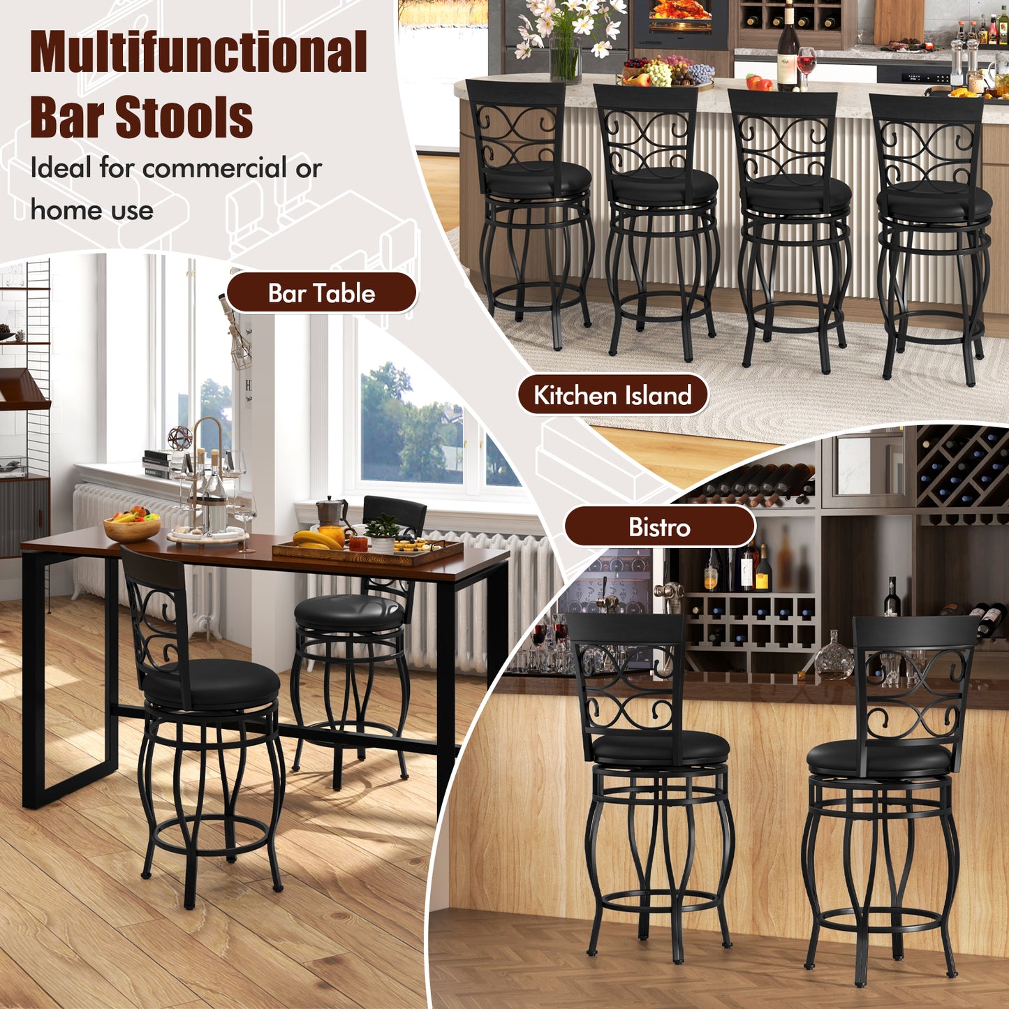 26 Inch Swivel Bar Stools with Backrest and Footrest for Kitchen and Home Bar Set of 2 Black
