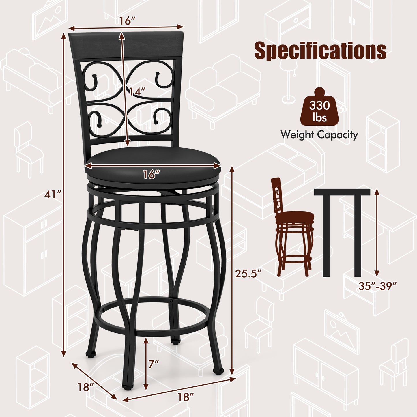 26 Inch Swivel Bar Stools with Backrest and Footrest for Kitchen and Home Bar Set of 2 Black