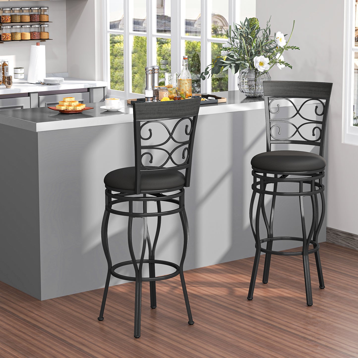Set of 2 30 Inch Swivel Bar Stools with Padded Leather Seat and Metal Frame - Black