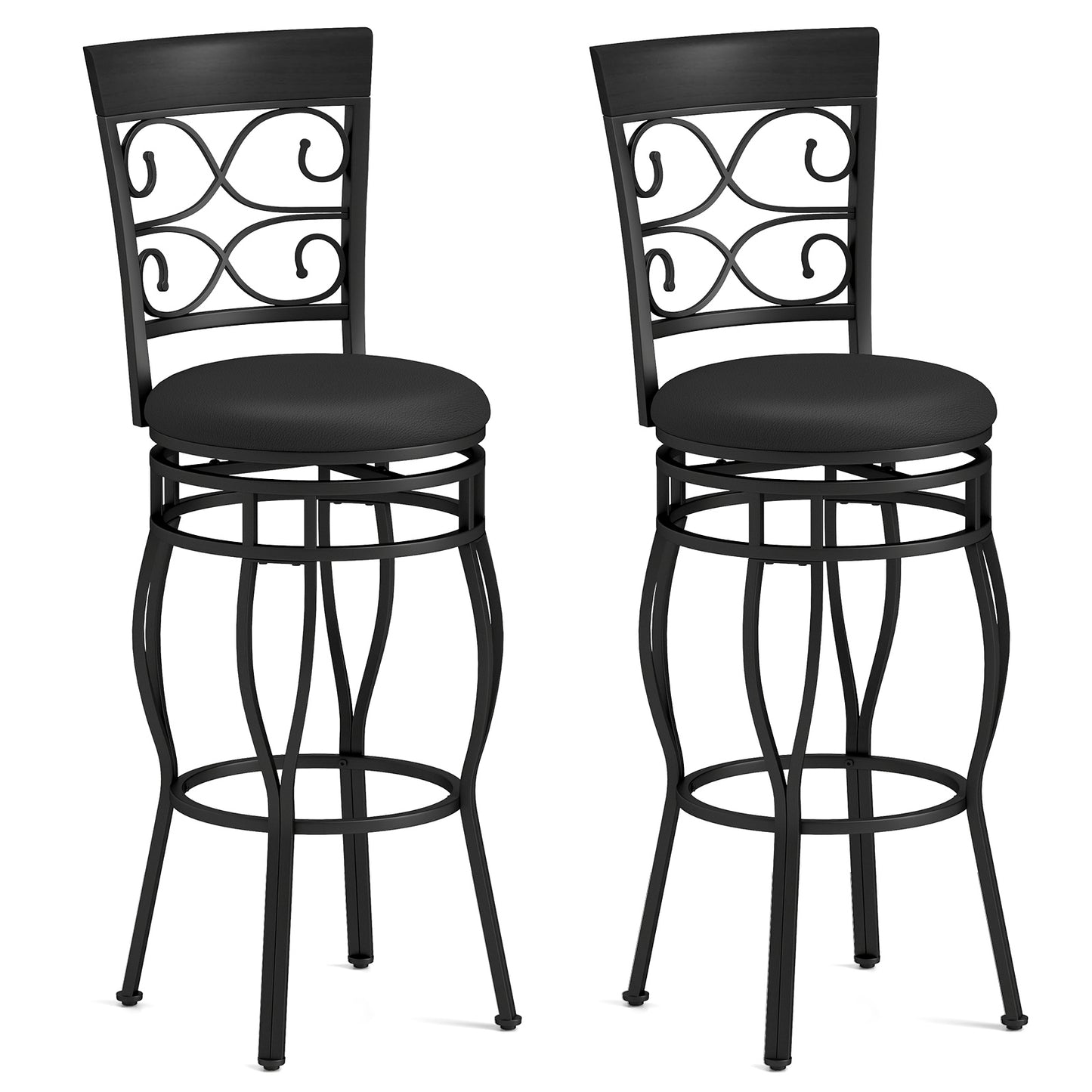 Set of 2 30 Inch Swivel Bar Stools with Padded Leather Seat and Metal Frame - Black
