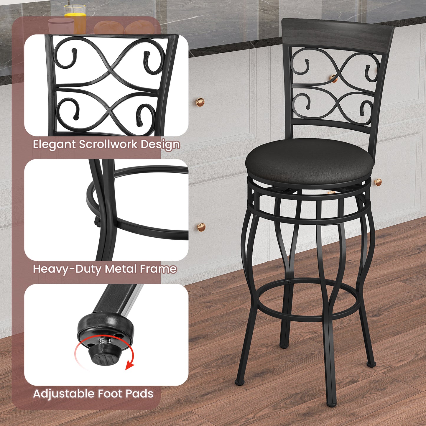 Set of 2 30 Inch Swivel Bar Stools with Padded Leather Seat and Metal Frame - Black