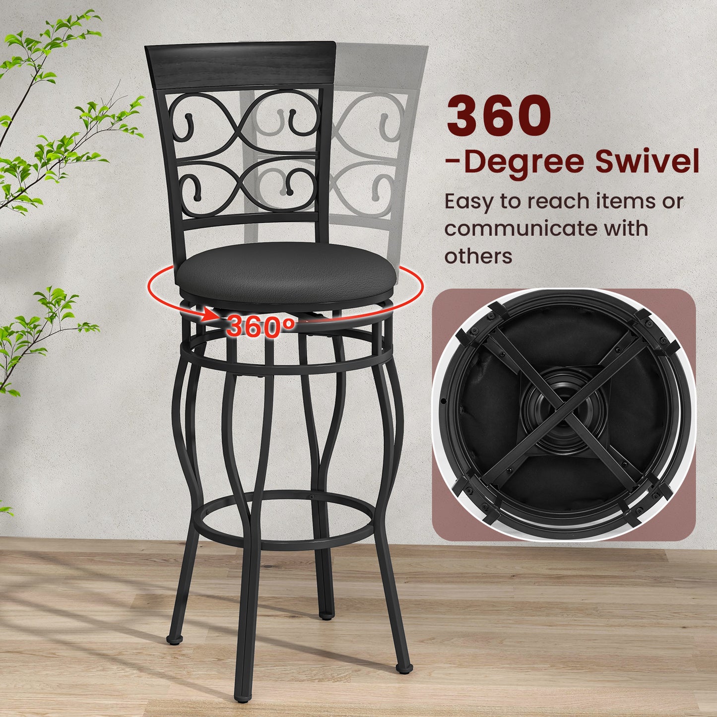 Set of 2 30 Inch Swivel Bar Stools with Padded Leather Seat and Metal Frame - Black
