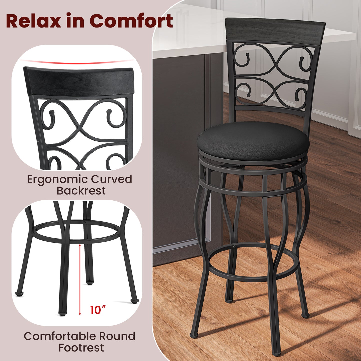 Set of 2 30 Inch Swivel Bar Stools with Padded Leather Seat and Metal Frame - Black
