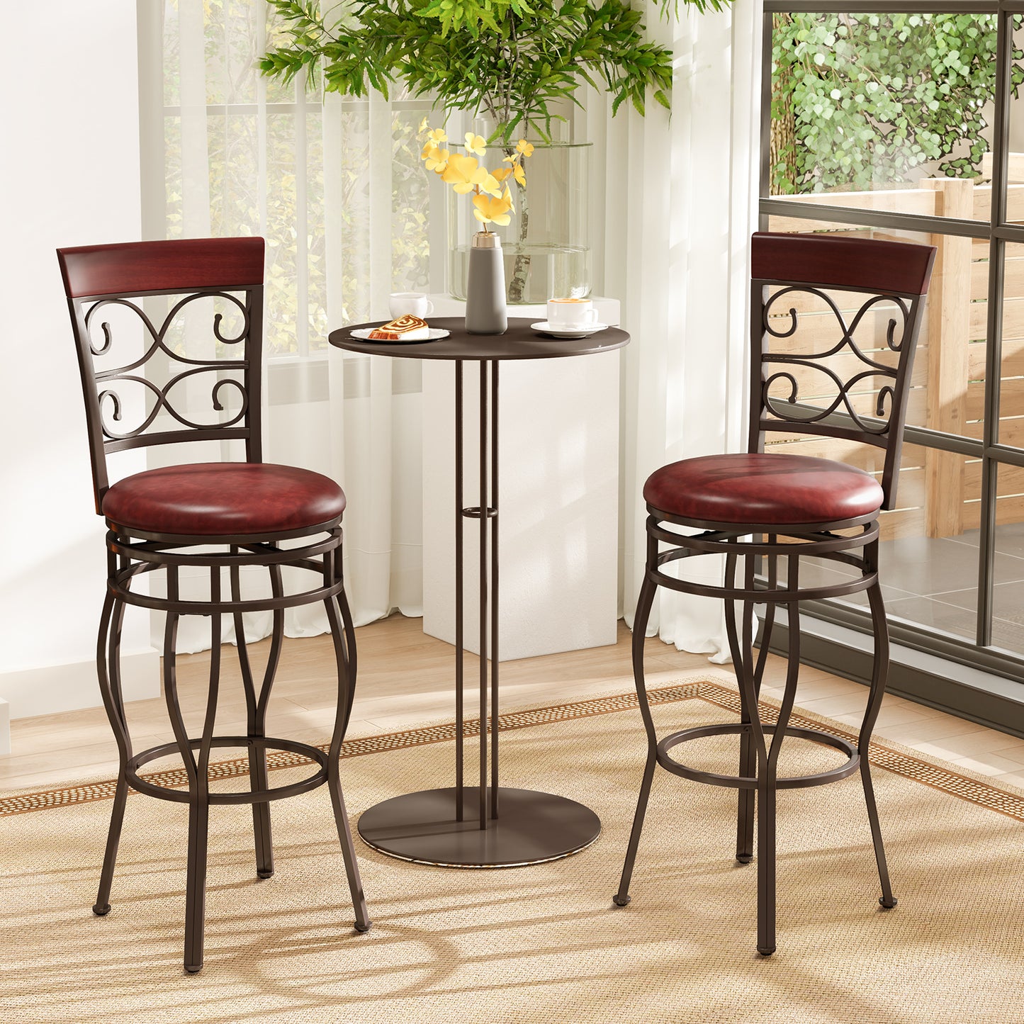 Set of 2 30 Inch Swivel Bar Stools with Padded Leather Seat and Metal Frame - Brown