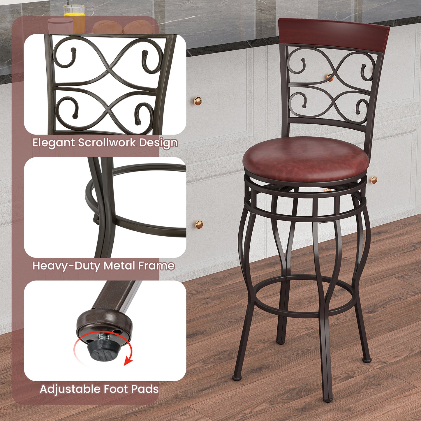 Set of 2 30 Inch Swivel Bar Stools with Padded Leather Seat and Metal Frame - Brown