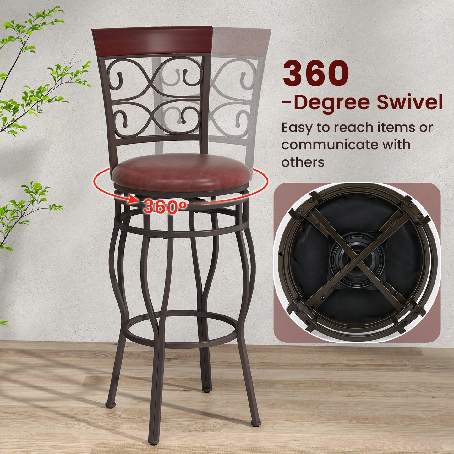 Set of 2 30 Inch Swivel Bar Stools with Padded Leather Seat and Metal Frame - Brown
