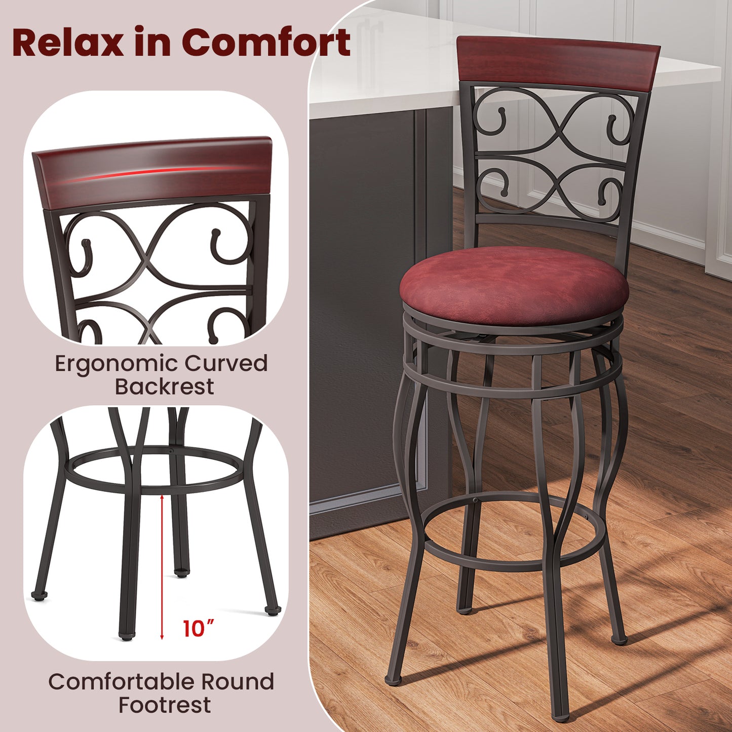Set of 2 30 Inch Swivel Bar Stools with Padded Leather Seat and Metal Frame - Brown