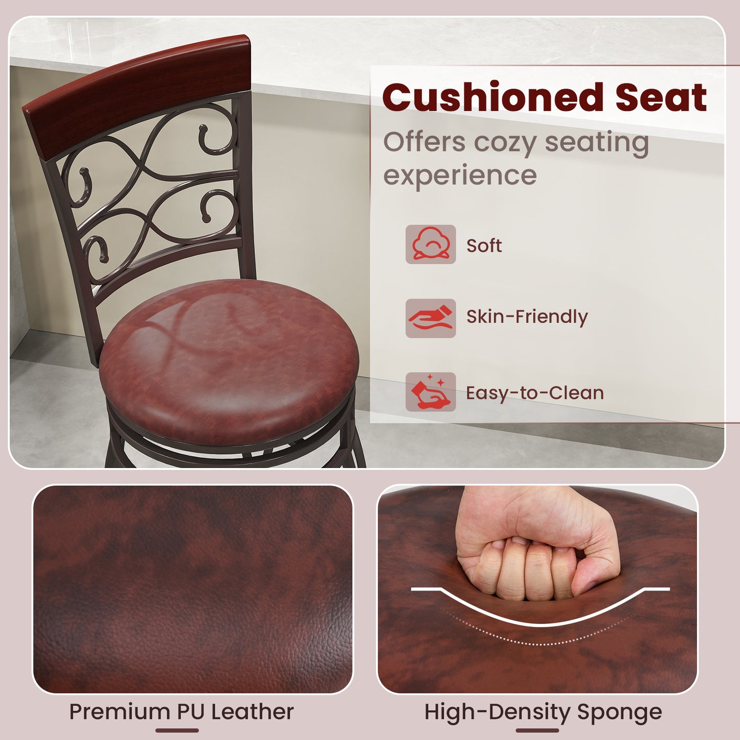 Set of 2 30 Inch Swivel Bar Stools with Padded Leather Seat and Metal Frame - Brown