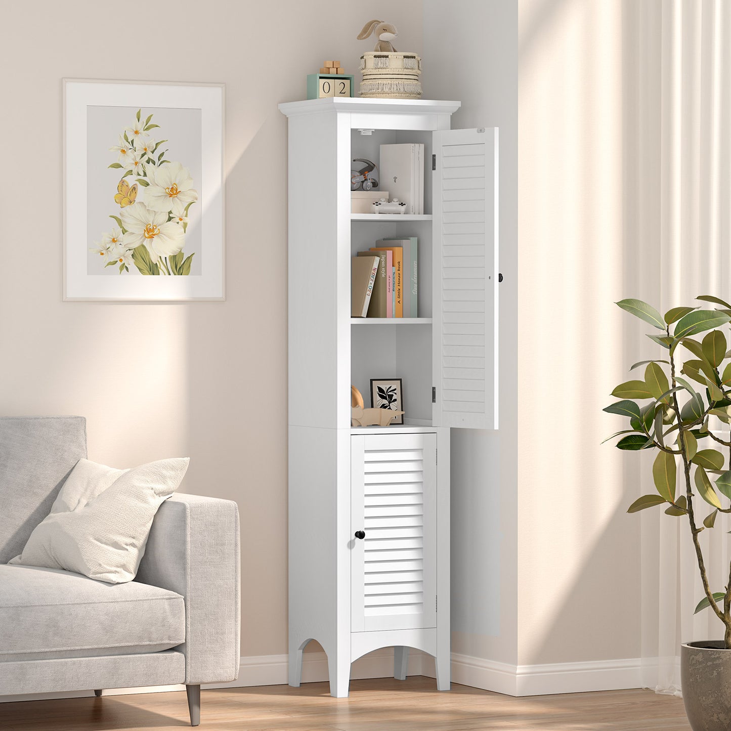 5-Shelf Tall Narrow Storage Cabinet with Louvered Doors