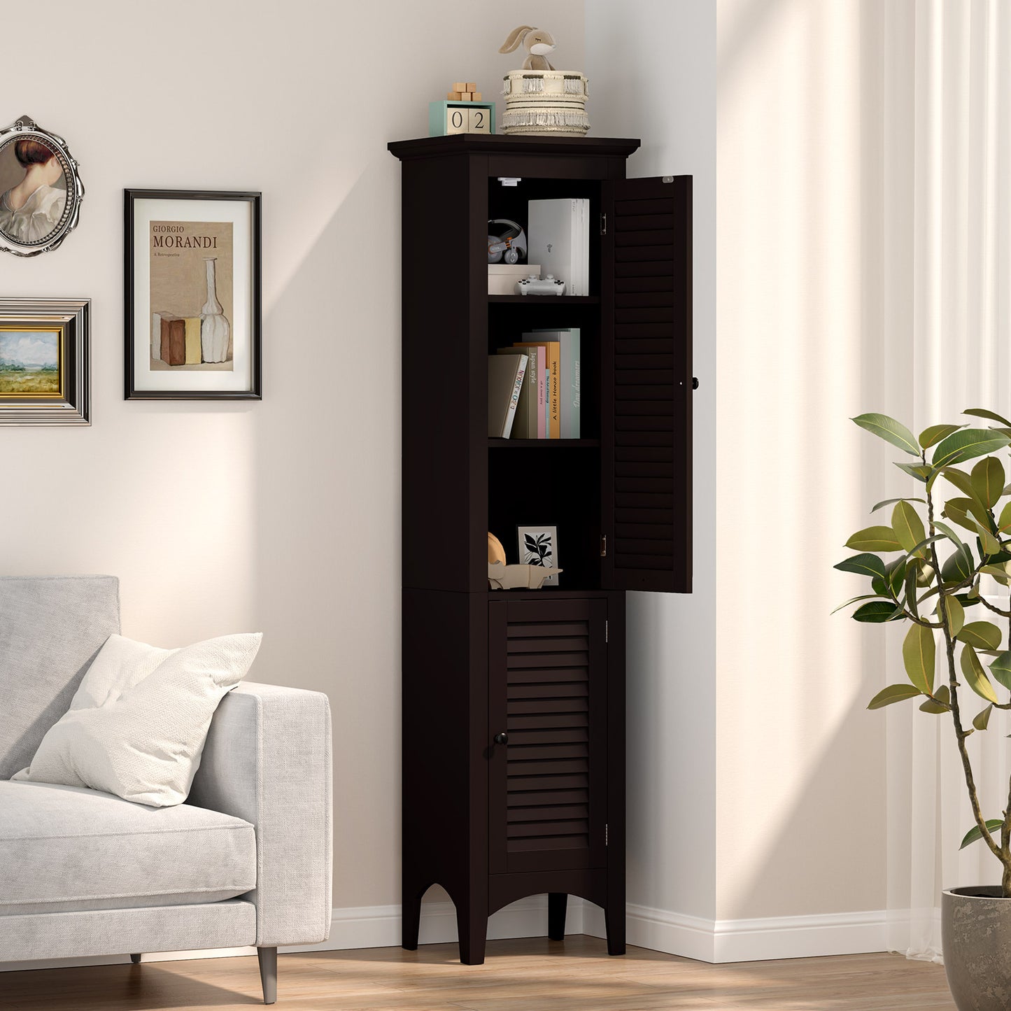 5-Shelf Tall Narrow Storage Cabinet with Louvered Doors