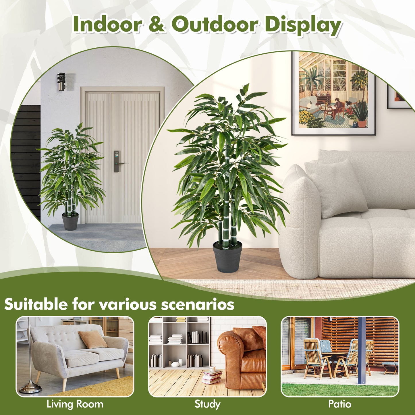 2 Pack Artificial Bamboo Tree with 3 PE Trunks - Lifelike Faux Bamboo Leaves
