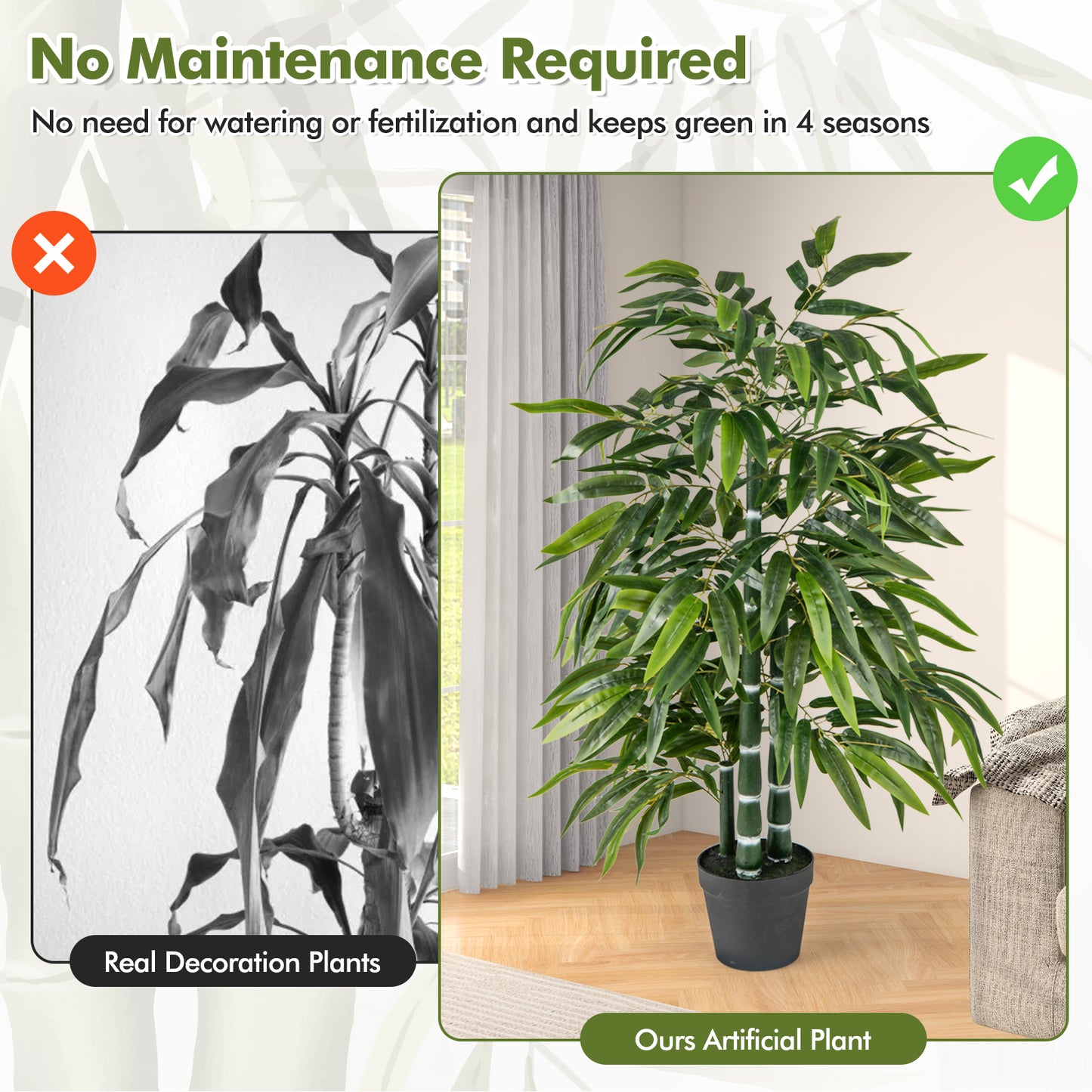 2 Pack Artificial Bamboo Tree with 3 PE Trunks - Lifelike Faux Bamboo Leaves