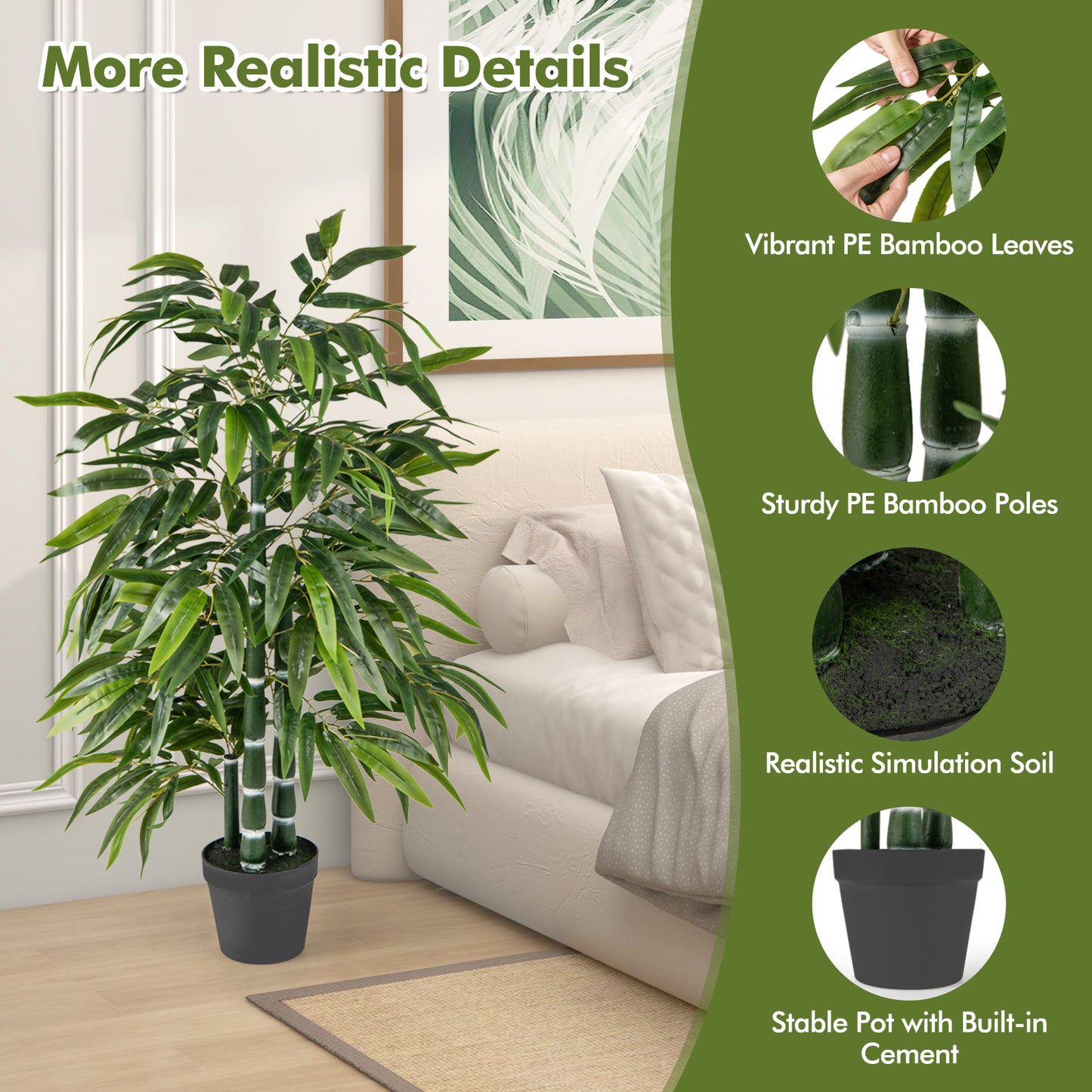 2 Pack Artificial Bamboo Tree with 3 PE Trunks - Lifelike Faux Bamboo Leaves