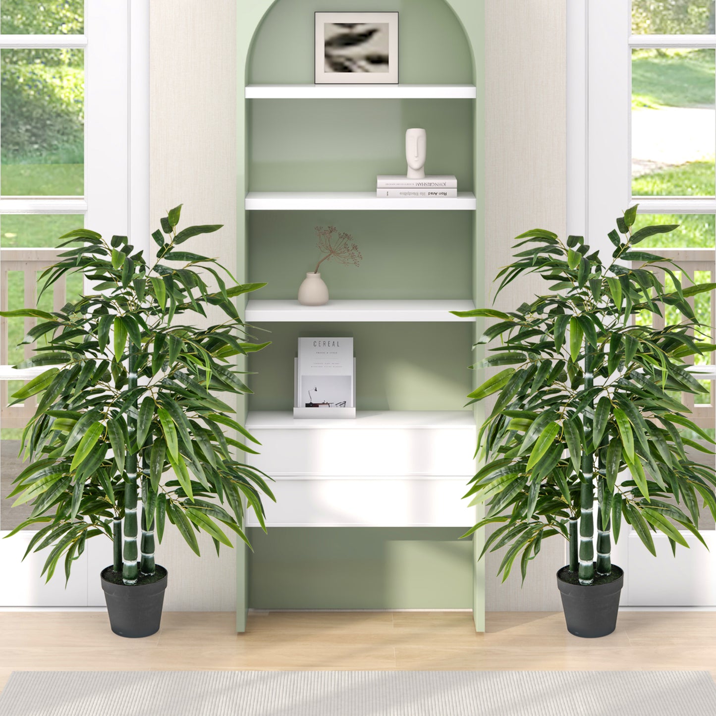 2 Pack Artificial Bamboo Tree with 3 PE Trunks - Lifelike Faux Bamboo Leaves