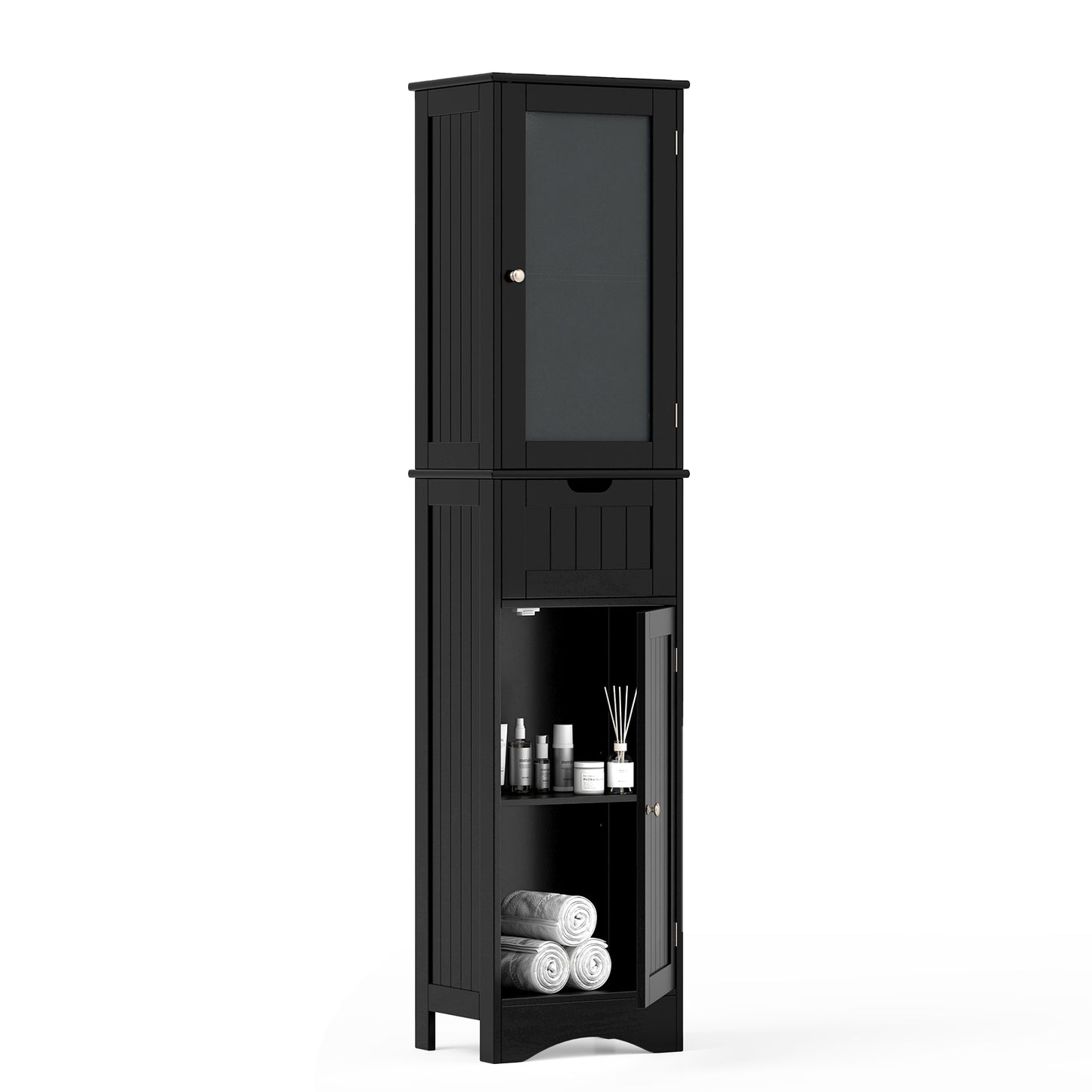 Slim Tall Storage Cabinet with 2 Doors and Drawer for Bathroom Organization