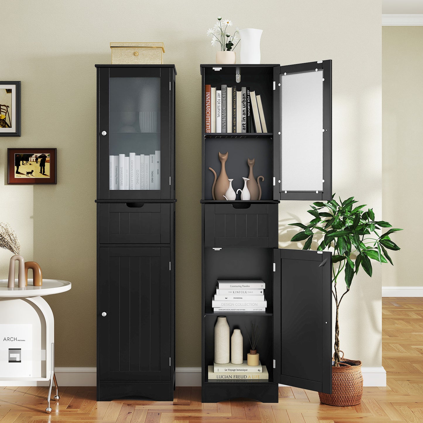Slim Tall Storage Cabinet with 2 Doors and Drawer for Bathroom Organization