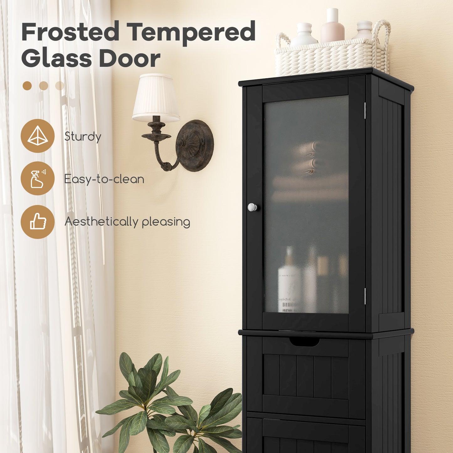 Slim Tall Storage Cabinet with 2 Doors and Drawer for Bathroom Organization