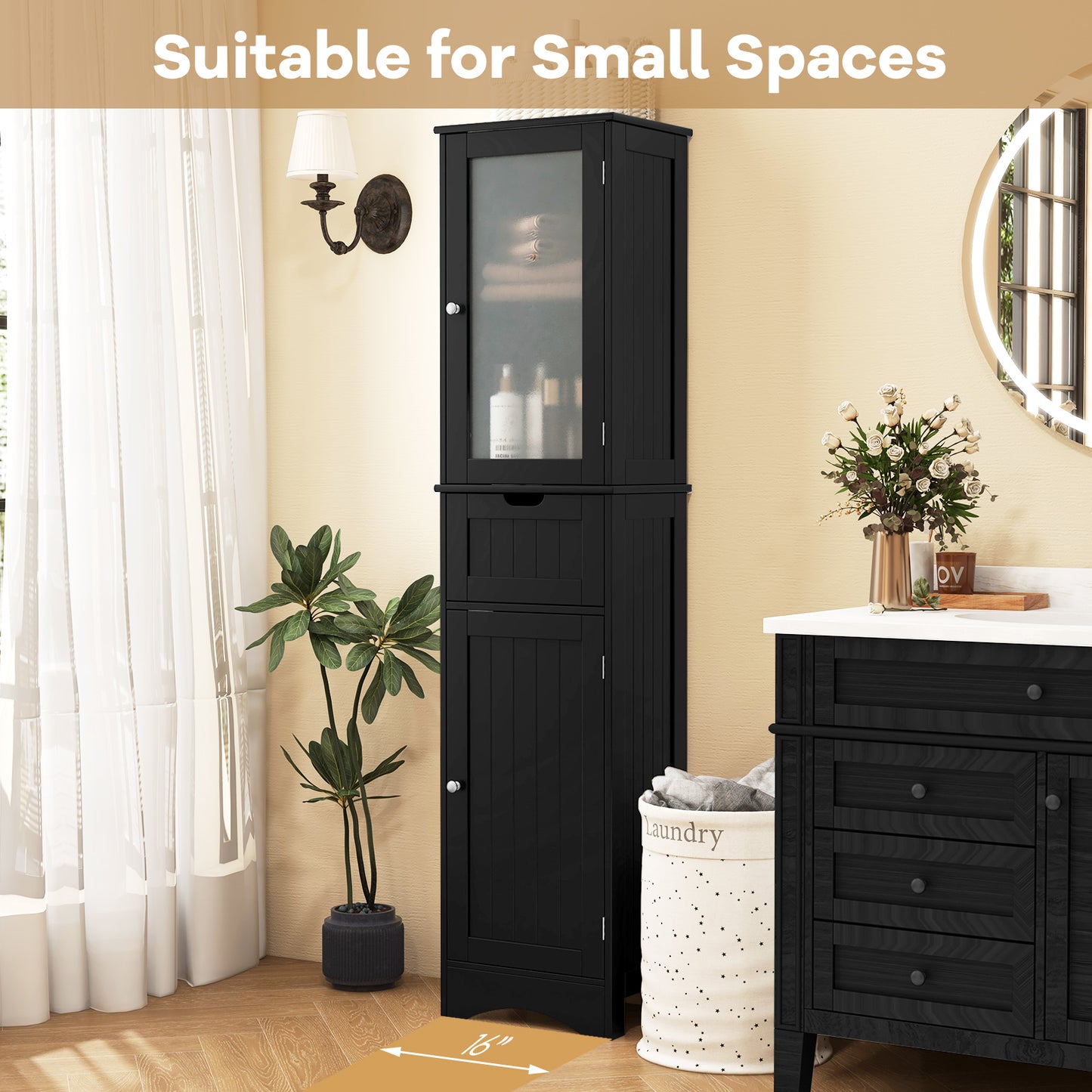 Slim Tall Storage Cabinet with 2 Doors and Drawer for Bathroom Organization