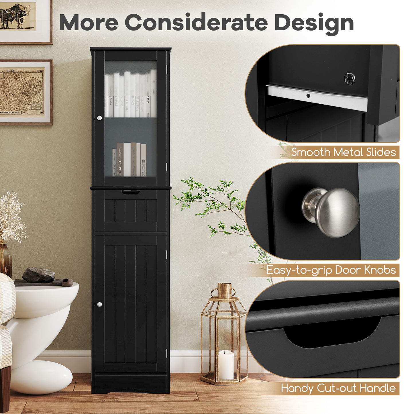 Slim Tall Storage Cabinet with 2 Doors and Drawer for Bathroom Organization