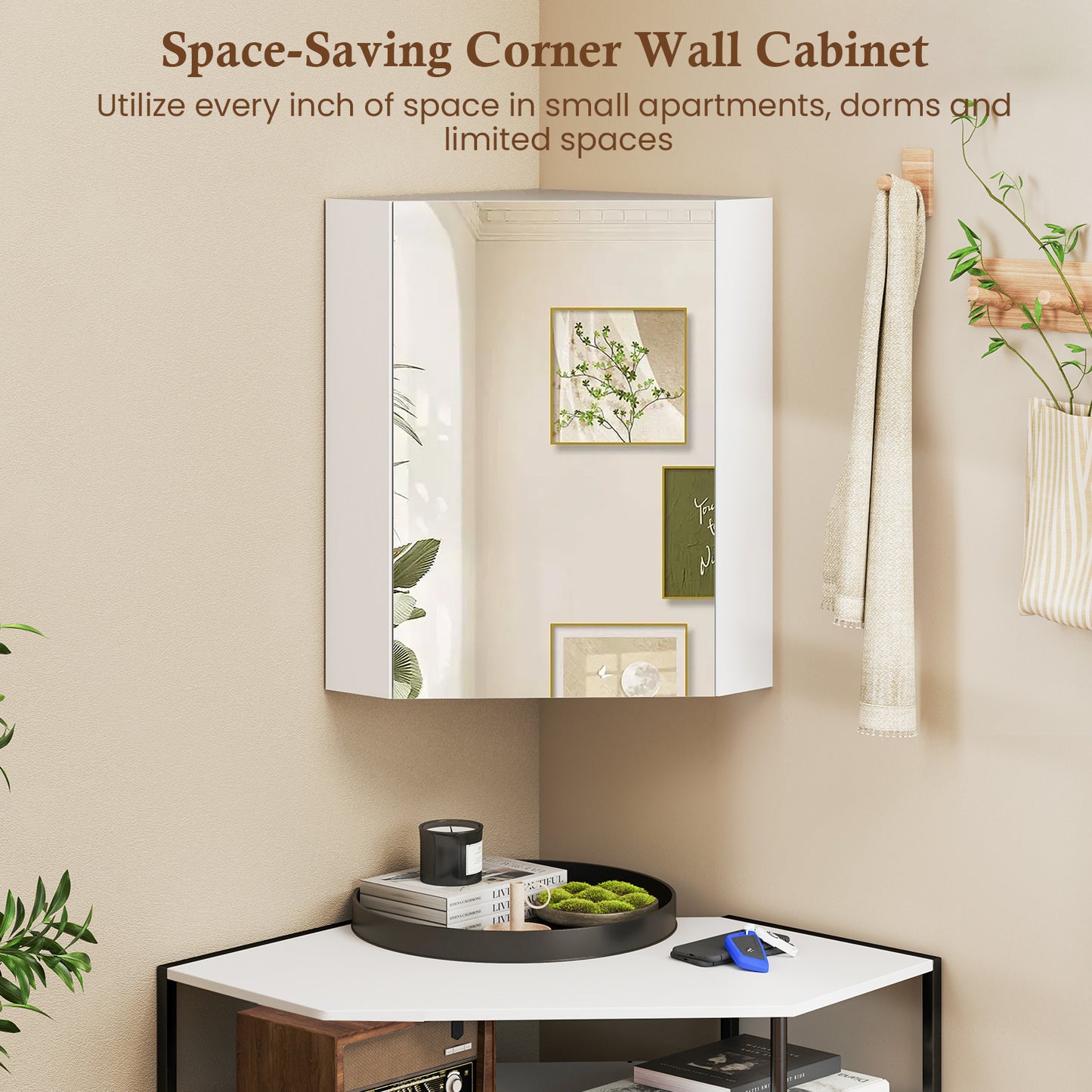 Space-Saving Corner Medicine Cabinet with Mirror Door & Adjustable Shelf for Bathroom - White