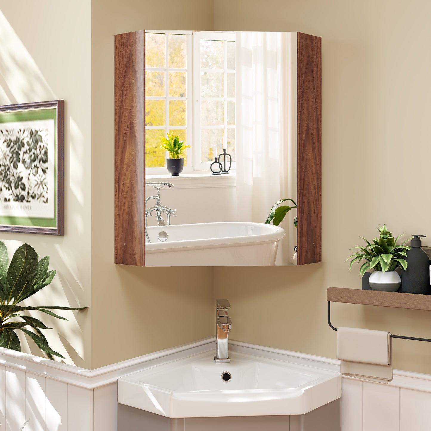 Space-Saving Corner Medicine Cabinet with Mirror Door & Adjustable Shelf for Bathroom - Brown